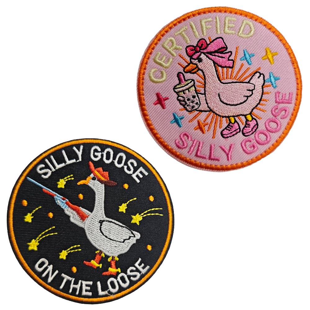 2 PCS Funny Goose Hook and Loop Patch Pink Cute Silly Goose Tactical Embroidered Emblem Animal Meme Morale Patch for Clothes Backpack Jacket Armband Pants Bag Biker Uniforms Pouch Jeans Vest Hat