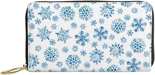 Carteiras femininas de couro genuíno Natal azul aquarela flocos de neve porta-cartão de crédito estojo com zíper organizador de embreagem de couro feminino bolsa longa viagem, Flocos de neve em aquarela azul de Natal, 7x4.3x0.8 Inches