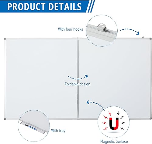 Miniatura 5 de 1 pizarra blanca grande de 72 x 40 pulgadas, pizarra magnética de borrado en seco, marco de aluminio plegable con una bandeja y 4 ganchos para aula,
