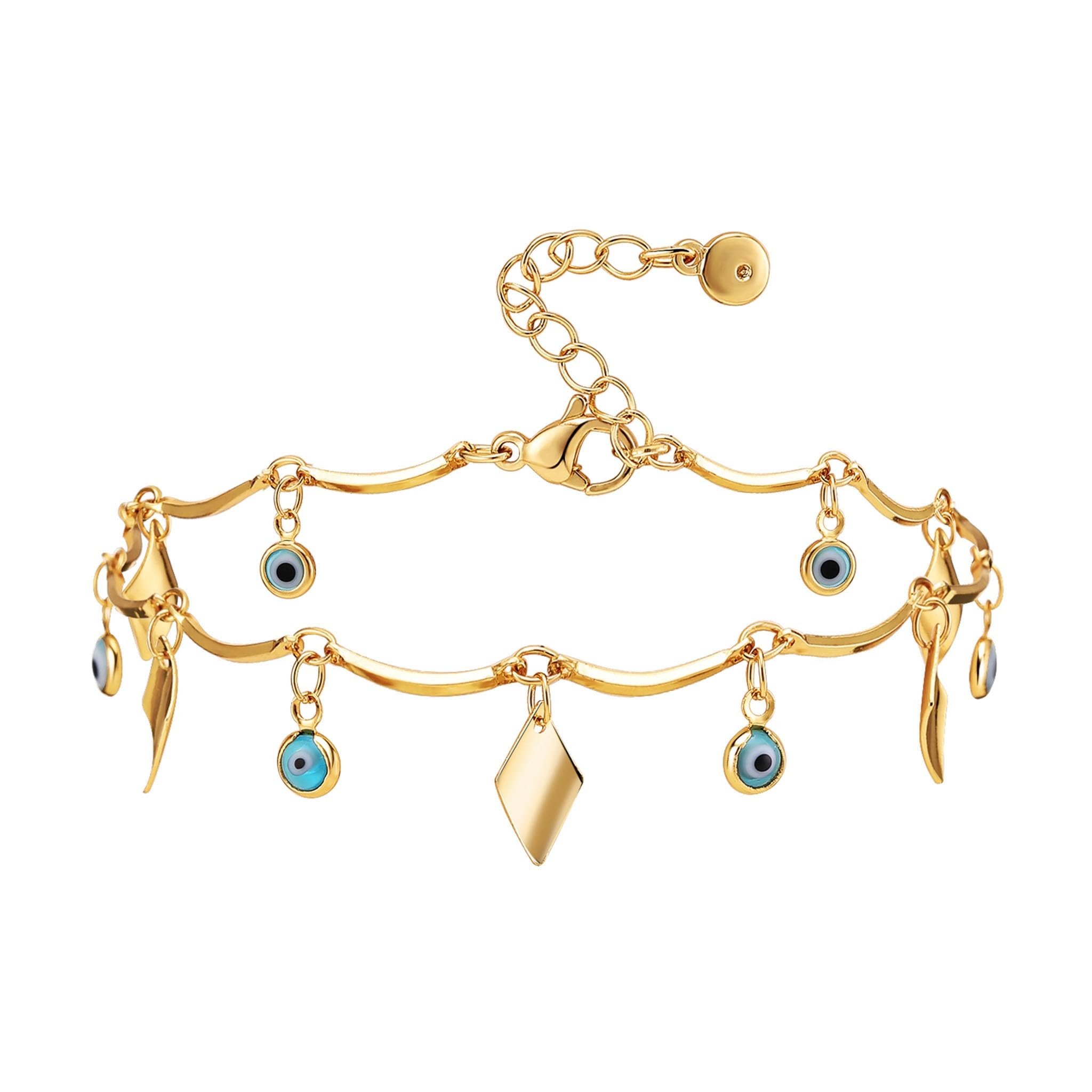 Yumikoo 18k Gold Plated Anklet Ankle Bracelets for Women (Evil Eye and Rhombus Tablets)
