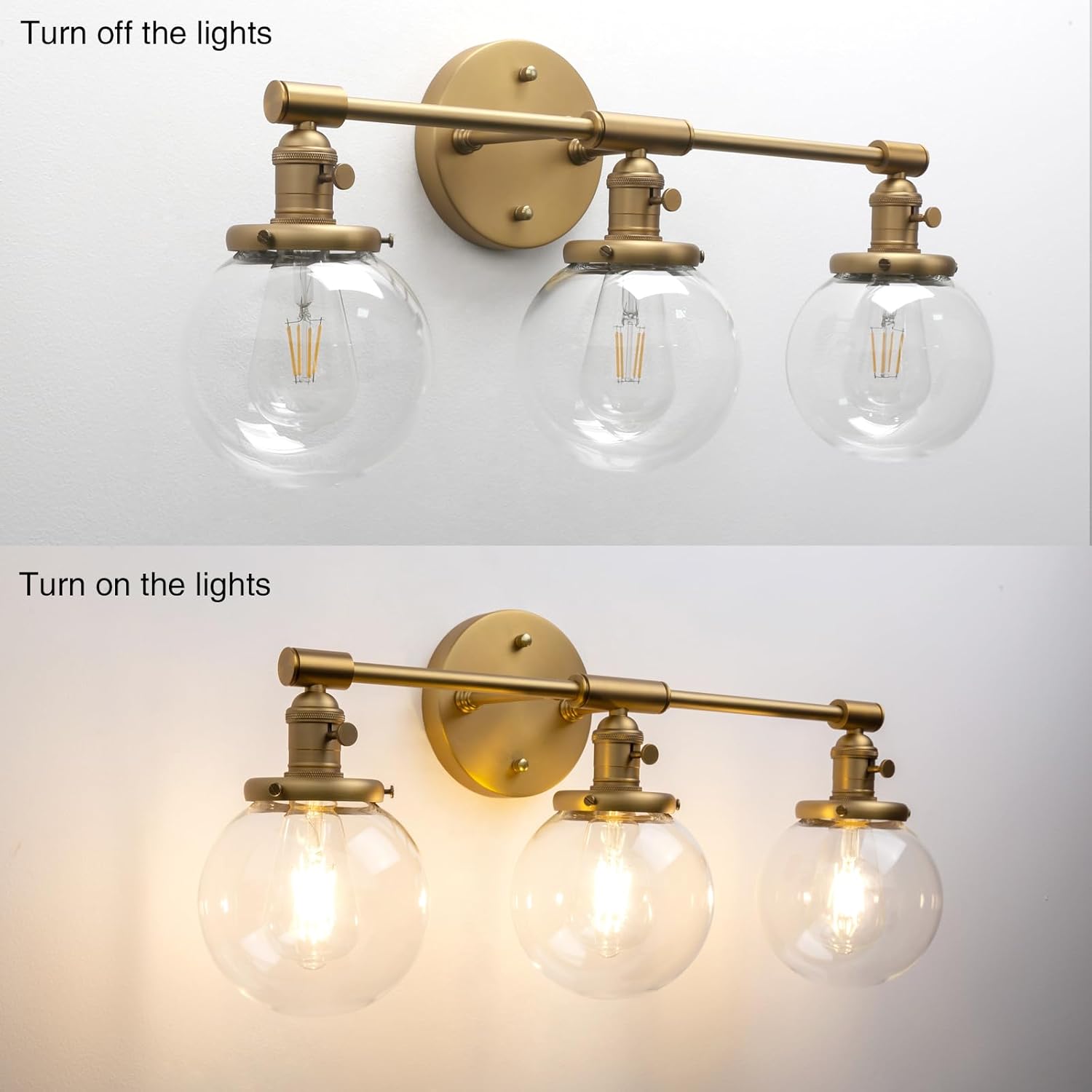 PERMO Bathroom Vanity Light Vintage 3 Light Wall Sconces with 5.9" Round Clear Glass Globe Shade (Antique Gold)