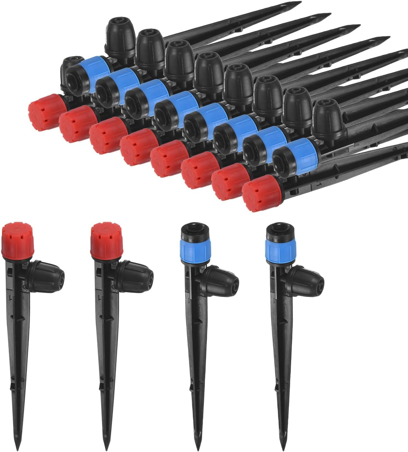 20-Pack Drip Irrigation Emitters Sprayers, Drippers with Stake Adjustable 360 Degree Water Flow for 1/4" Drip Irrigation Tubing for Watering System [Blue, Red, Drip and Sprayer]