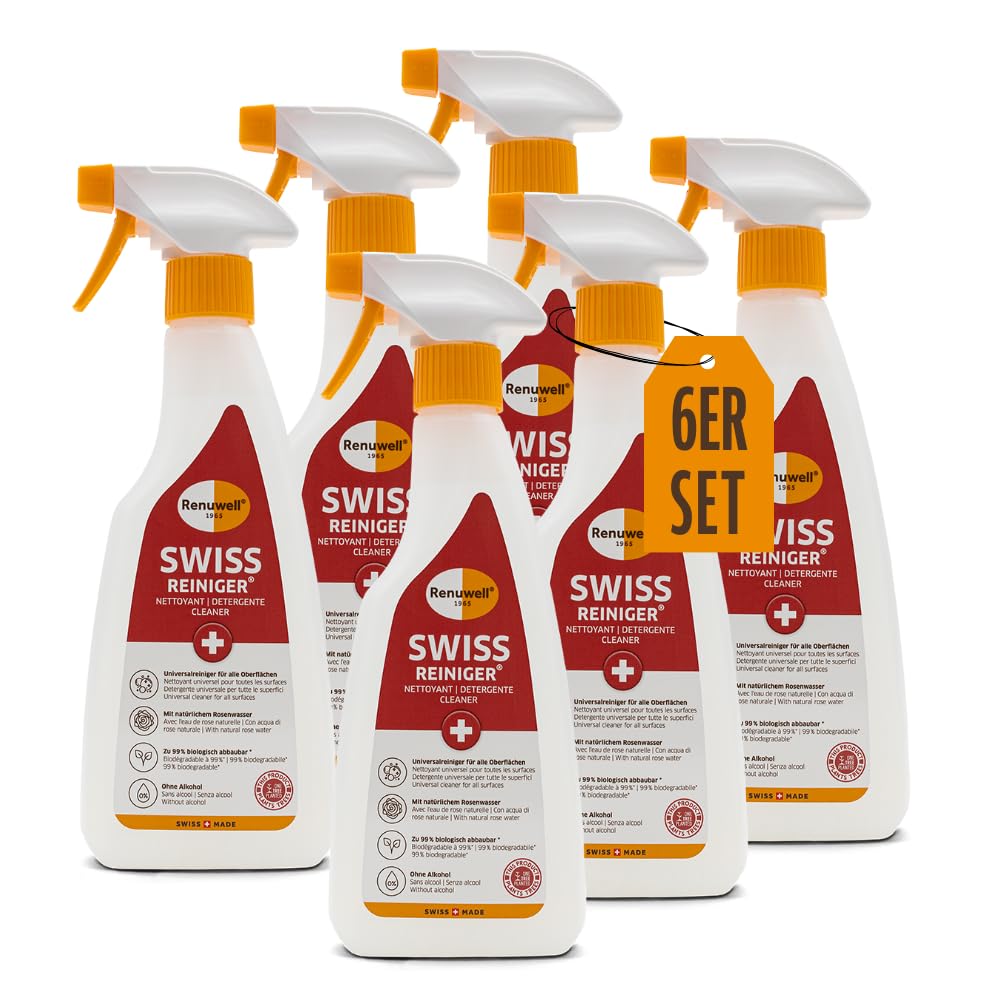 Renuwell Swiss Reiniger, 6x 500 ml – kraftvolle schonende Reinigung ohne Alkohol, entfernt Fett, Schmutz & Ablagerungen, für Holz, Kunststoff, Metall & Stein, Schweizer Qualität