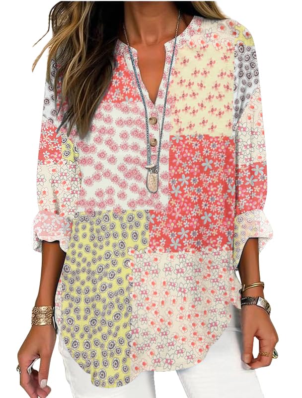 ETCYY NEW Womens Long Sleeve Tops V Neck Button Novelty Print Tunic Blouses Loose Fit Fall Outfits Clothes