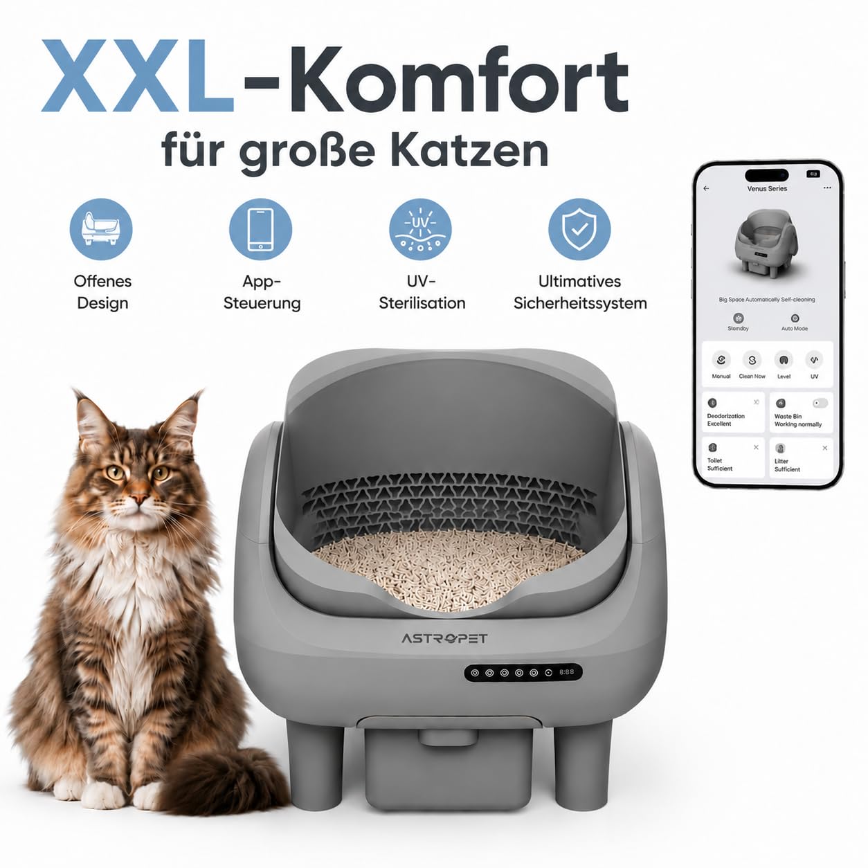 AstroPet Venus Offenes Katzenklo Selbstreinigend mit App-Steuerung | 5-fachem Sicherheitsschutz,UVC & Ionen-Geruchskontrolle,XXL 12L Abfallbox Selbstreinigende Katzentoilette für Große Katzen