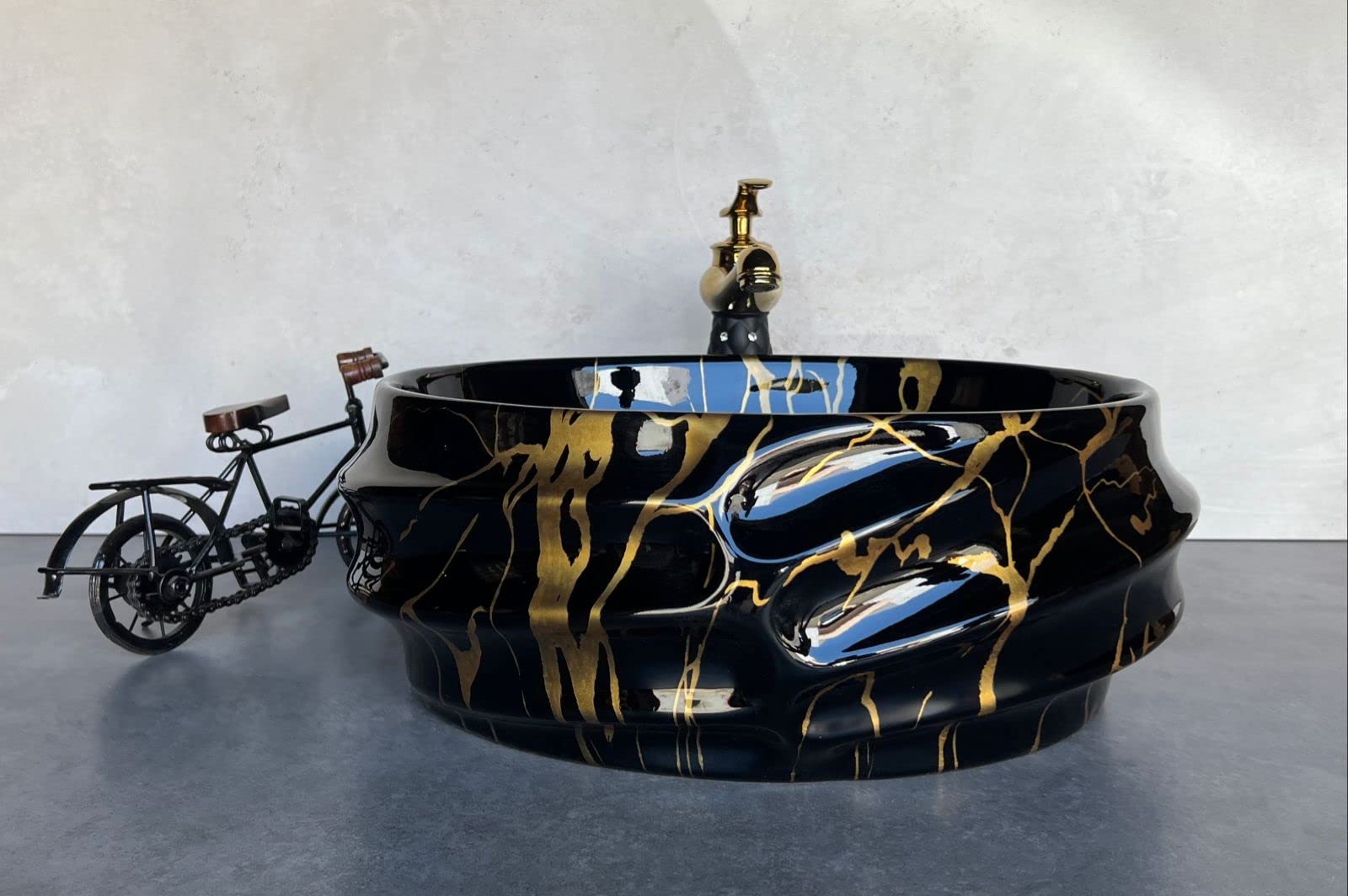 NEXIS Designer Glossy Finish Ceramic Art Wash Basin Vessel Sink Table Top | Collapsible Wash Basin (Black-Golden Art Wash Basin, 16 x 13 x 6 Inch)