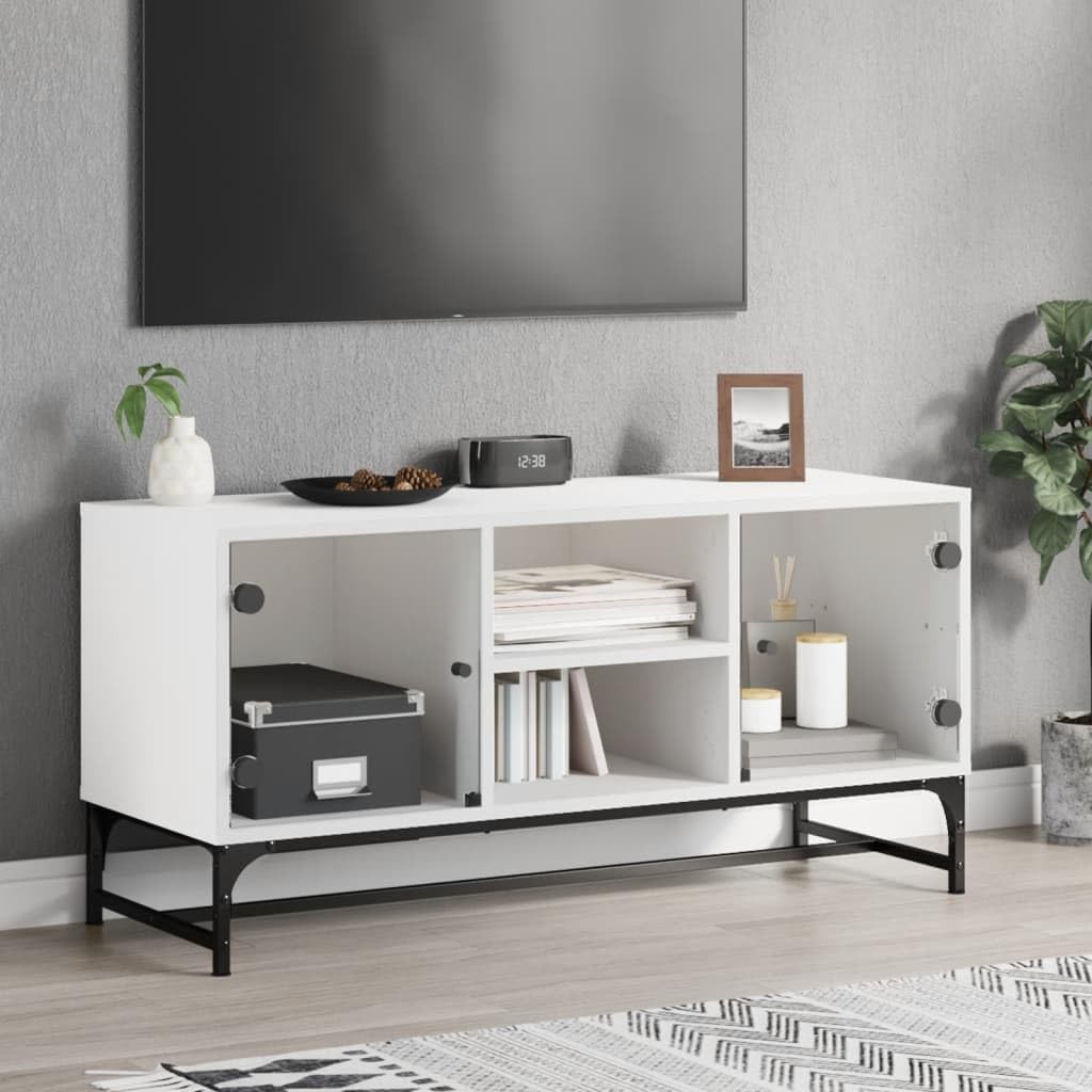 Szafka TV ze szklanymi drzwiami, biała, mebel telewizyjny, stół do salonu, gabinetu, 102 x 37 x 50 cm