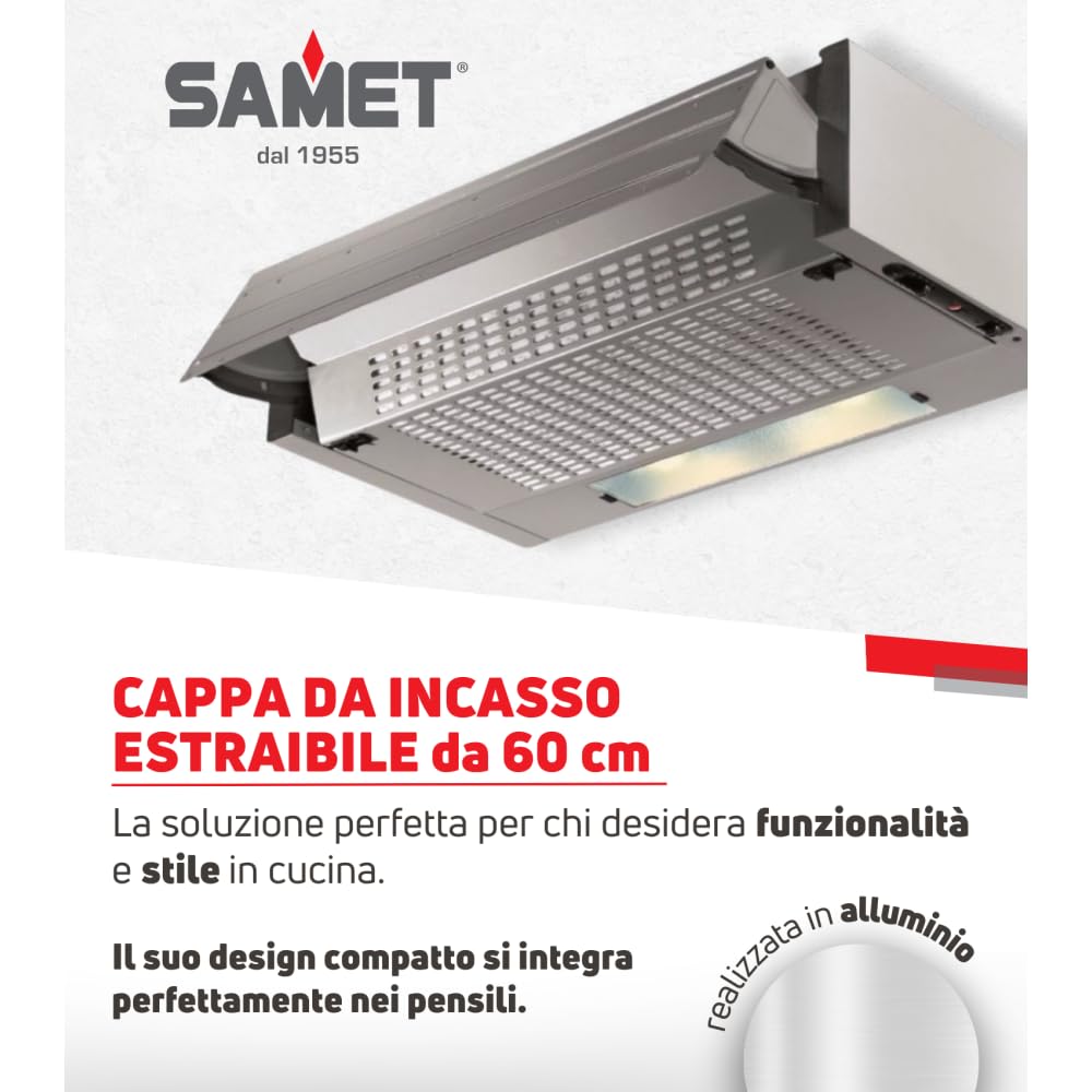Cappa da incasso estraibile colore alluminio 60x30x15 cm - 3 liv potenza - led