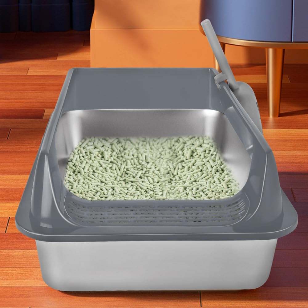Bac Litiere pour Chat,Grande Litière en Acier Inoxydable pour Chat XXL et Lapins, n'absorbe Pas Les odeurs,Anti-Taches, antirouille, Surface Lisse antiadhésive,avec Pelle (Gris-50 * 35 * 24cm)