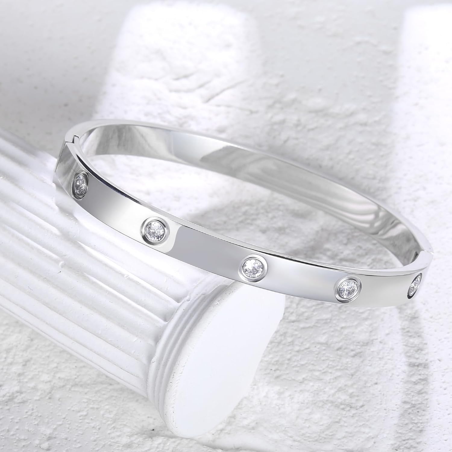 Gold Plated Bracelet with Cubic Zirconia Stones Stainless Steel Bangle Minimalist Cuff Love Charm Bracelets for Women