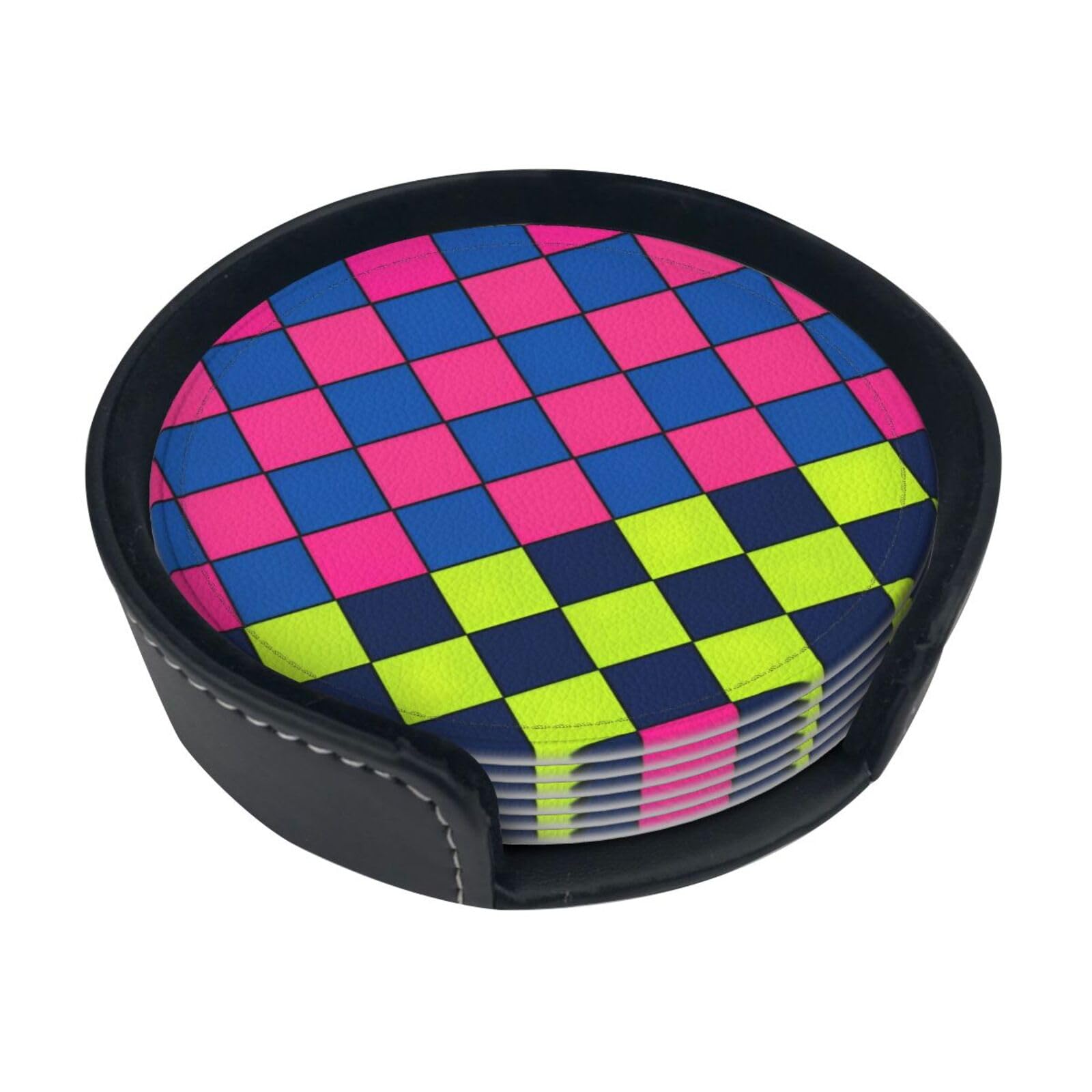Neon pattern Leather Coasters-Set of 6 with Storage Holder