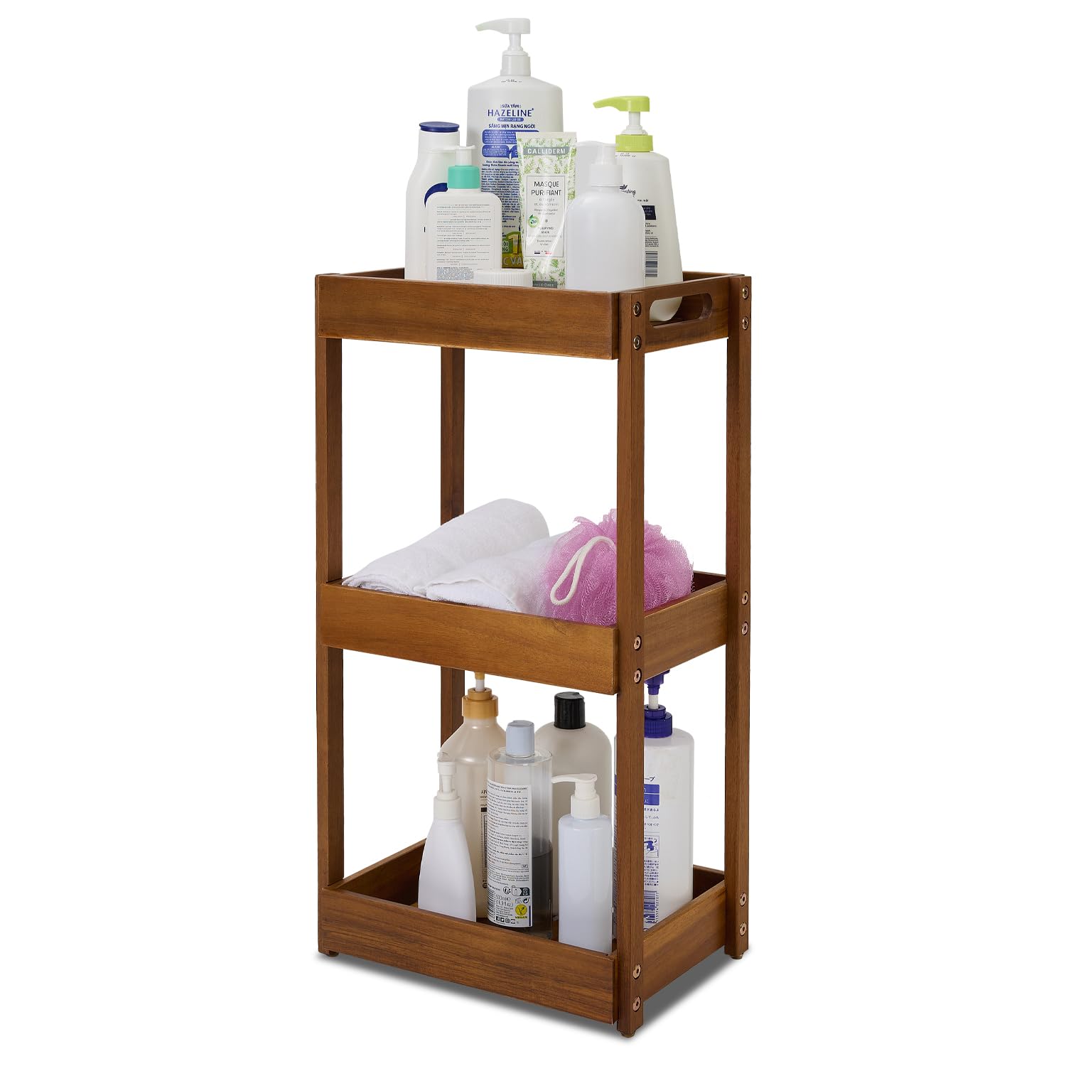 BEEFURNI Acacia Wood Shower Caddy 3 Tier Shower Organizer Sturdy Corner Shower Caddy Wooden Bathroom Shelves Freestanding Bathroom