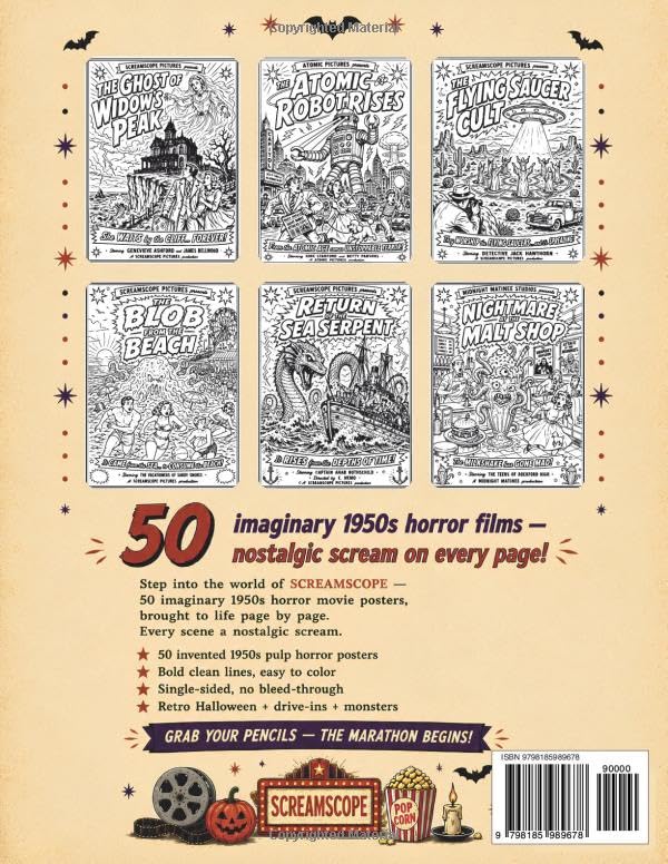 Retro Halloween Movie Posters: A Vintage Coloring Book for Adults with 50 Imaginary 1950s Pulp Horror Film Posters — Retro Halloween Coloring Book for Adults, Teens, and Horror Fans (Screamscope) image 3
