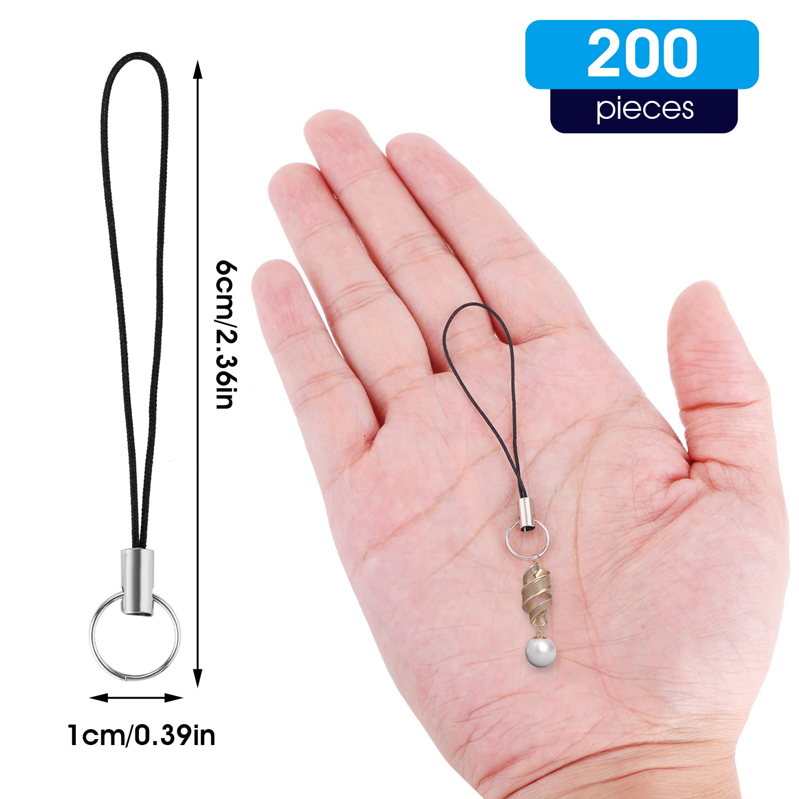 Cobee Smycz do Telefonu - 200 Szt. Rozdzielony Pierścień, Odpinana, Paski, Mini Lariat, Zawieszki do Komórkowego, Pendrive'a, DIY - Czarne