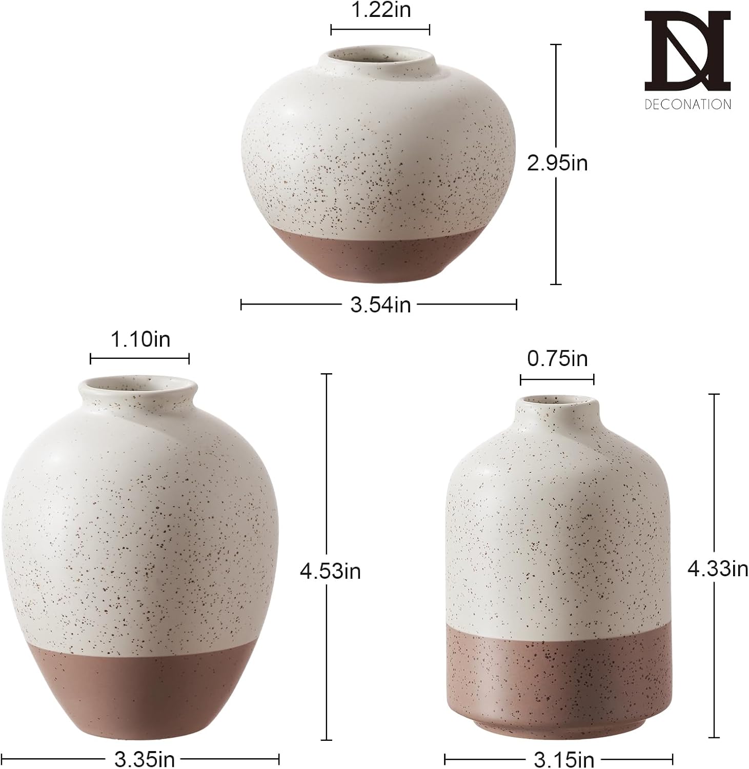 Ceramic Vase Set of 3, Vases Home Decor Rustic Farmhouse Decor, Small Pottery Vases for Bouquet Pampas Grass Dried Fresh Flowers, Living Room, Kitchen, Bedroom, Bathroom, Mantel Decor - Beige&Brown - Image 3