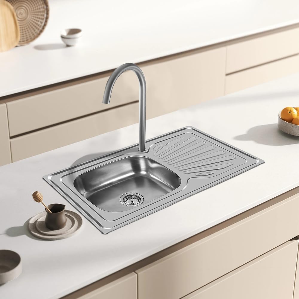 Lavello in acciaio inox, Lavello da incasso con foro per rubinetto,lavello in acciaio inox,Lavello Cucina Vasca con Gocciolatoio DX in Acciaio da Appoggio(90 * 50 * 15 cm (argento))