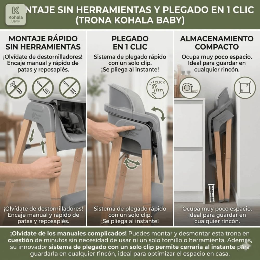 DEVESSPORT Trona 2 en 1 Plegable y Evolutiva (6 a 60 Meses) - Silla Alta Convertible con Montaje Sin Herramientas, Bandeja Extraíble, Cojín Lavable y Estructura de Acero Lacado - Gris