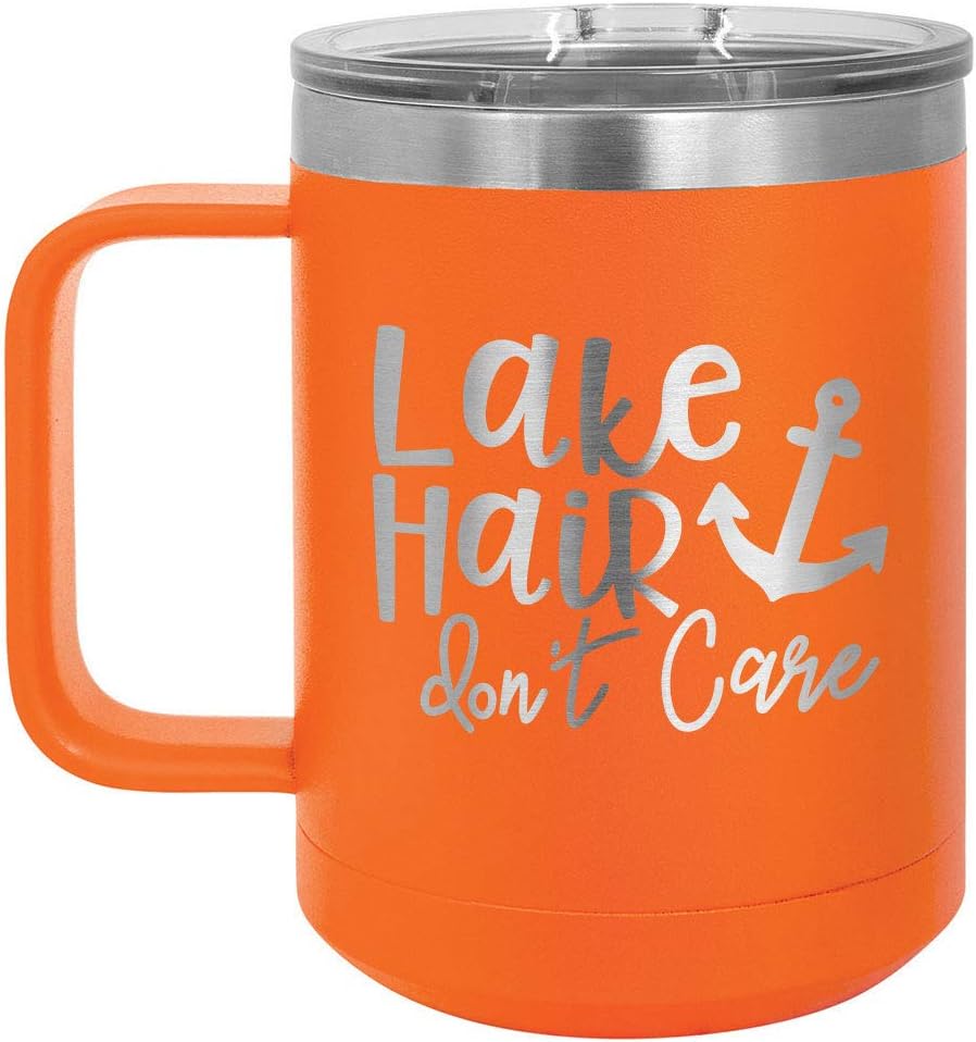 LAKE HAIR DON'T CARE Purple 15 oz Coffee Cup w/Slide Top Lid | Insulated Travel Coffee Mug | Birthday Or Christmas Gift Ideas From Women or Men | Compare To Yeti Rambler | ONLYGIFTS.COM