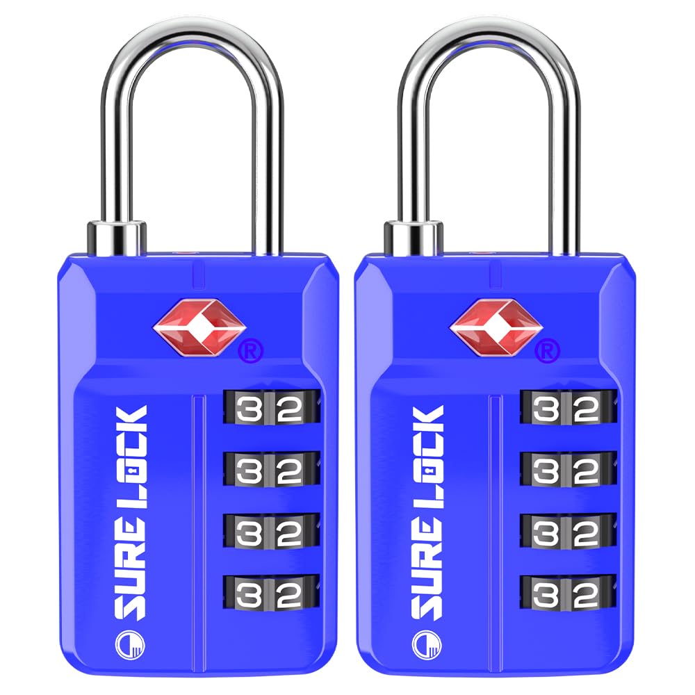 SURE LOCK TSA Approved 4-Digit Resettable Combination Luggage Locks with Open Alert, Easy-Read Dials - for Luggage, School Lockers, Gym, Office, Toolbox & Security Cases(Blue 2 Pack)