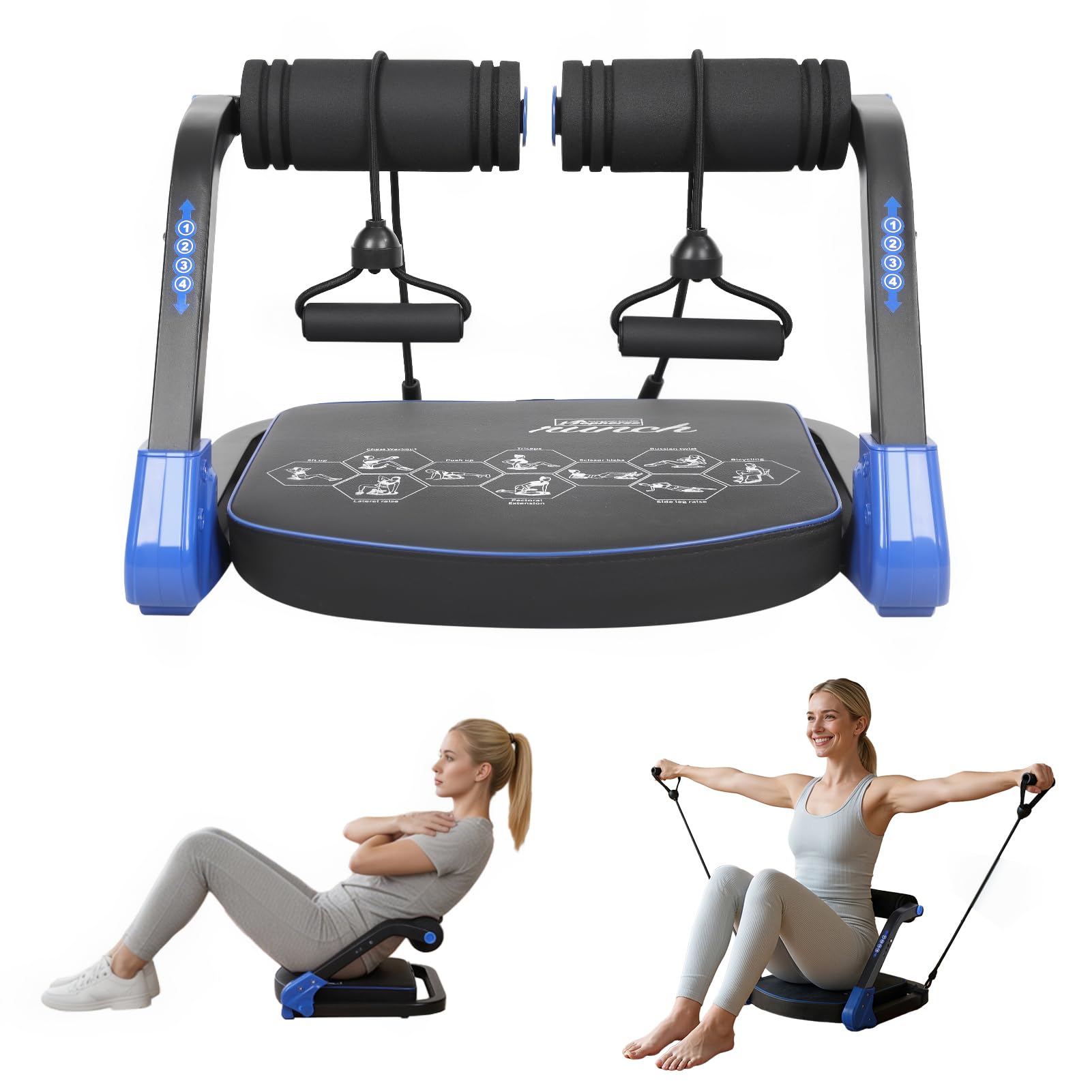 Abdominal Trainer with Resistance Ropes, Compact Sit Up Exercise Equipment, 4 Level Resistance, Automatic Rebound, Foldable Portable Core Workout Machine for Home Gym Abs Training (Blue)