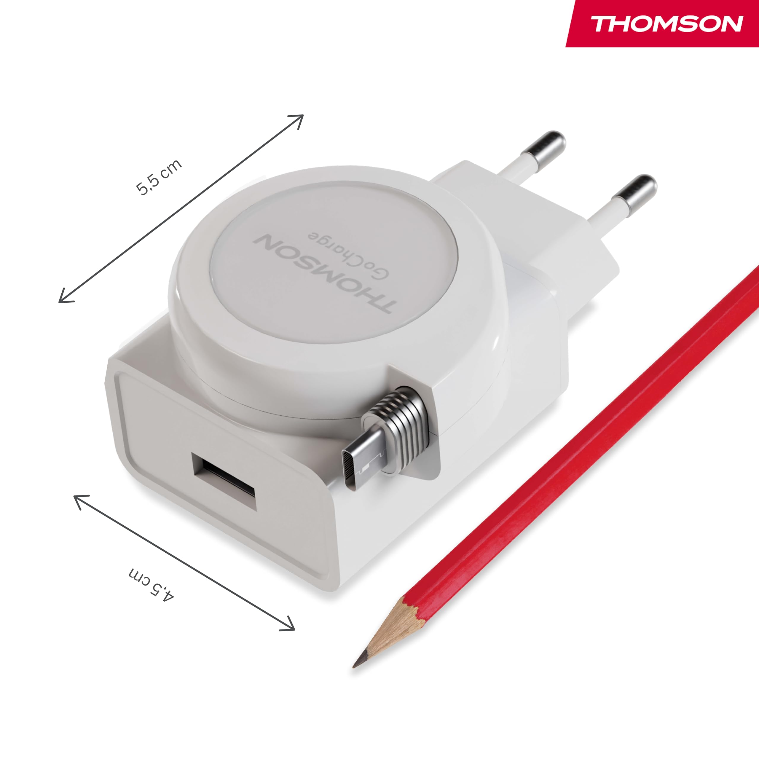 THOMSON Go Charger Caricatore Rapido 22.5W con USB-C & USB-A, Cavo Retrattile da 90 cm (6 Lunghezze), Compatibile con iPhone & Android, Power Delivery, Quick Charge 3.0, Design Compatto, Bianco