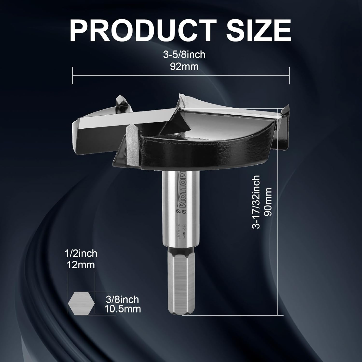 Mollom (92mm|3-5/8") Triple Flute Forstner Drill Bit for Woodworking with 3-Cutter YG8 Carbide Tipped of 2.0mm,Hinge Cutter Tool Kits for Hard Soft Wood, Plastic, Plywood