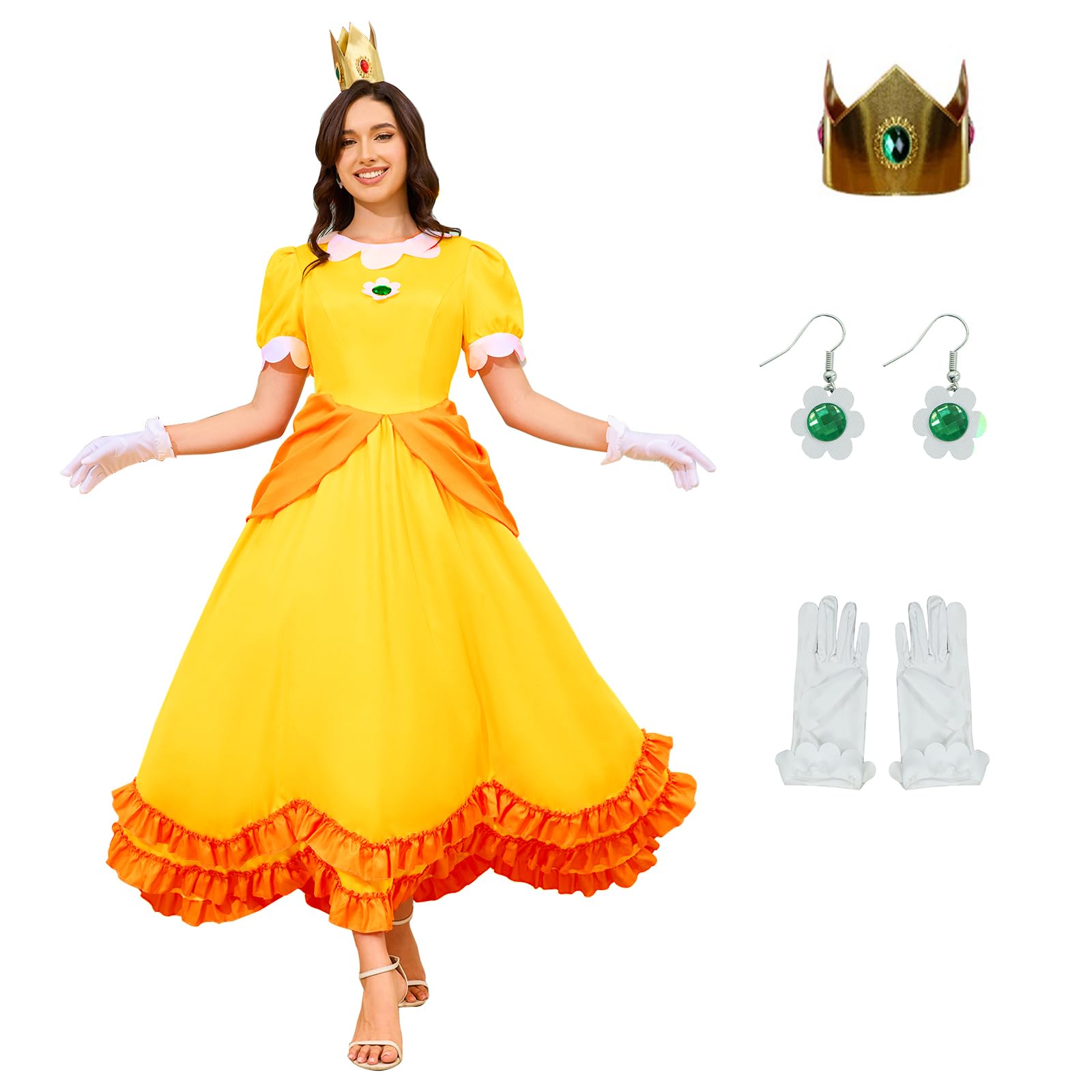Princess Dresses for Women Princess Cosplay Halloween Full Set with Crown Earrings Gloves (US Size)