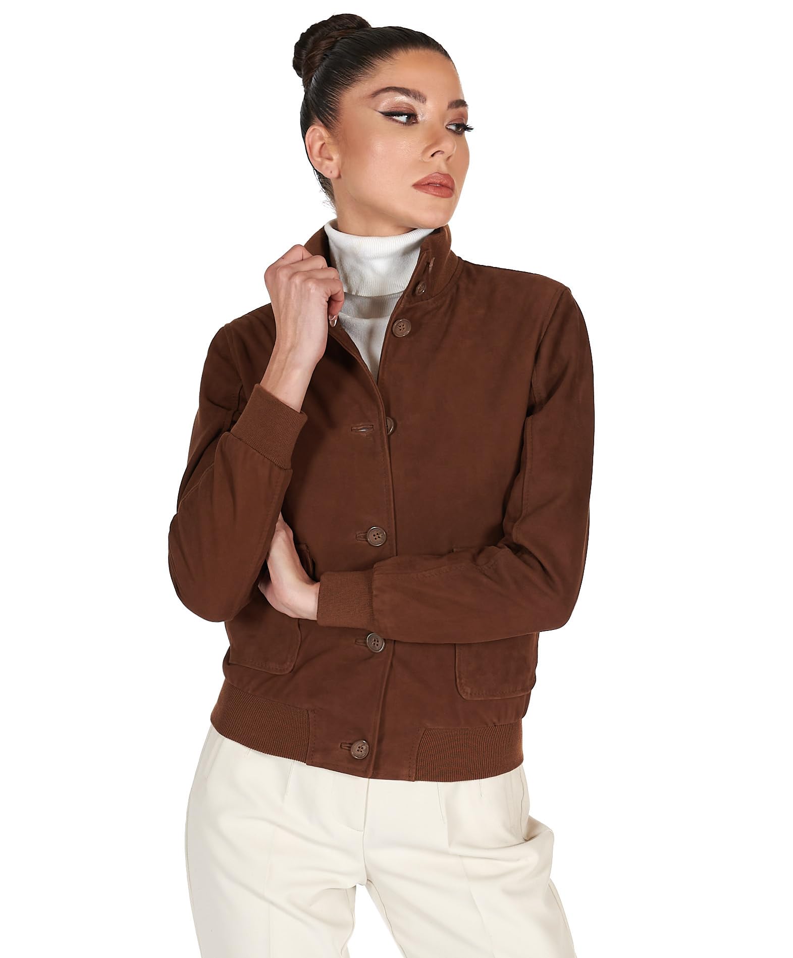 D'Arienzo Bomber in Pelle Scamosciata Colore Beige Donna Giubbotto con tasconi Vera Pelle Faty