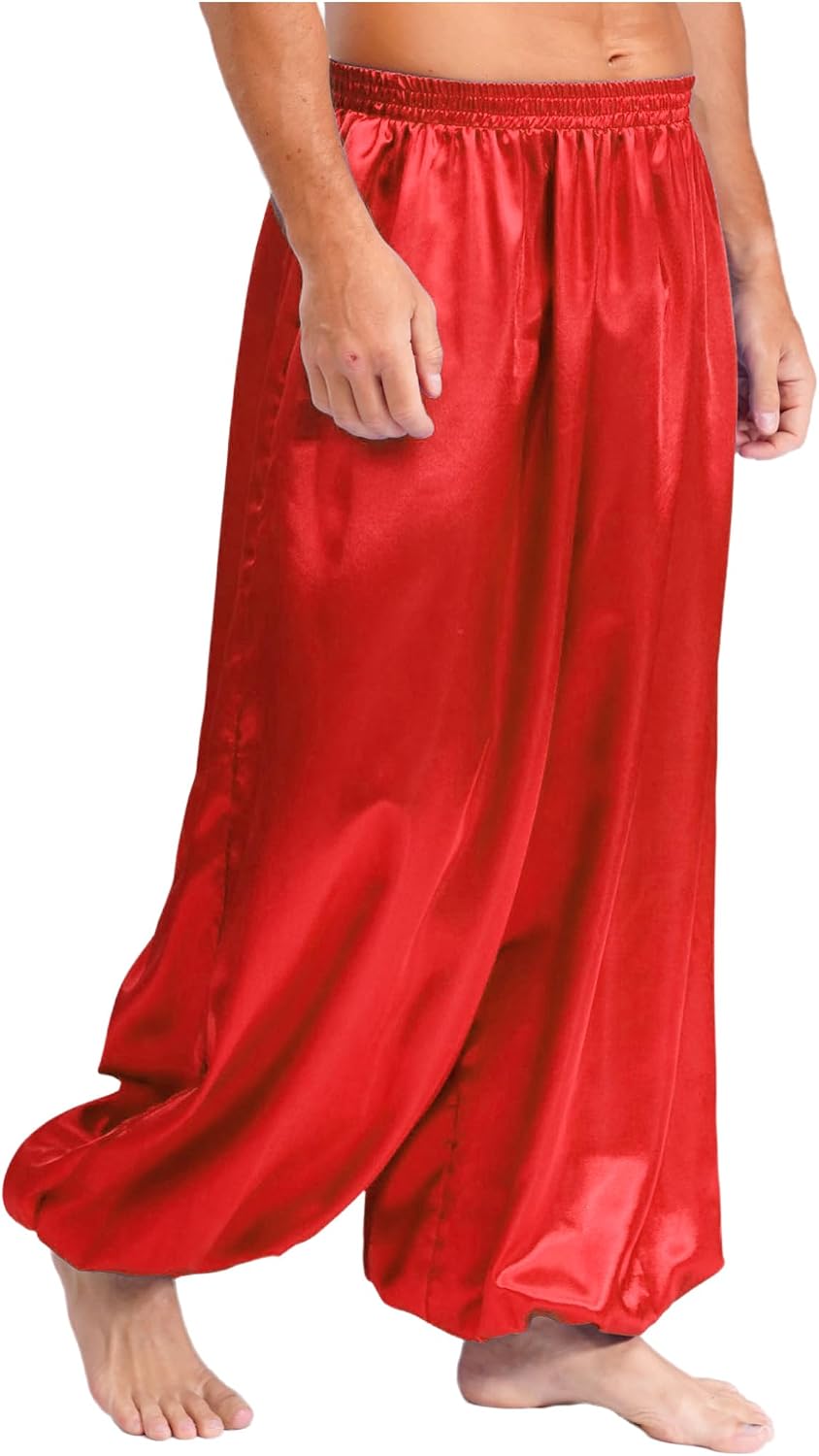 Men's Belly Dance Pants Costumes Loose Fit Casual Satin Long Bloomers Pants for Theme Party