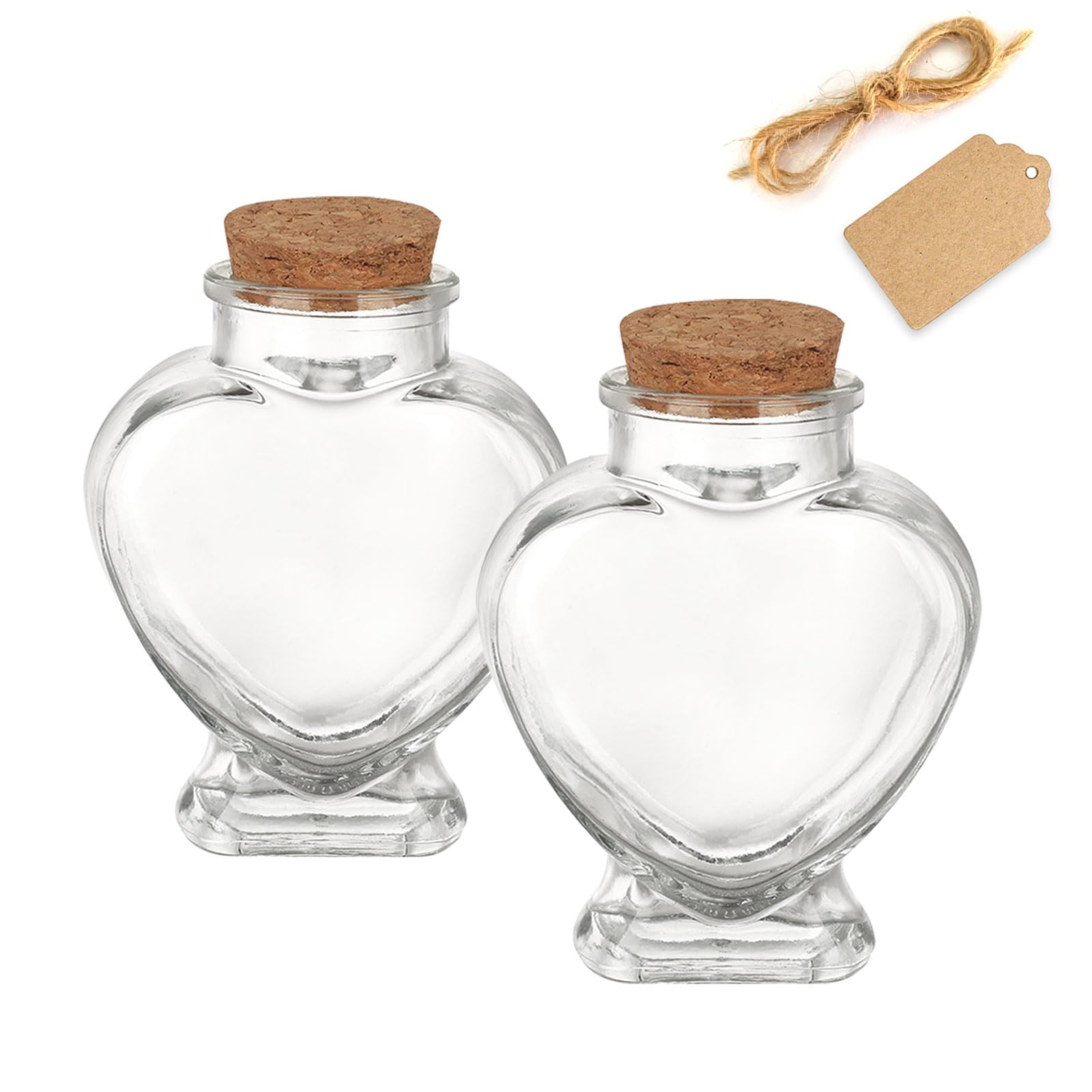 WHJY 2 pack 5oz Glass Jars with Cork Lids Decorative Glass Jars with Label Tag and String Heart Shaped Glass Containers for Anniversary DIY Art Craft Wedding Home Decor