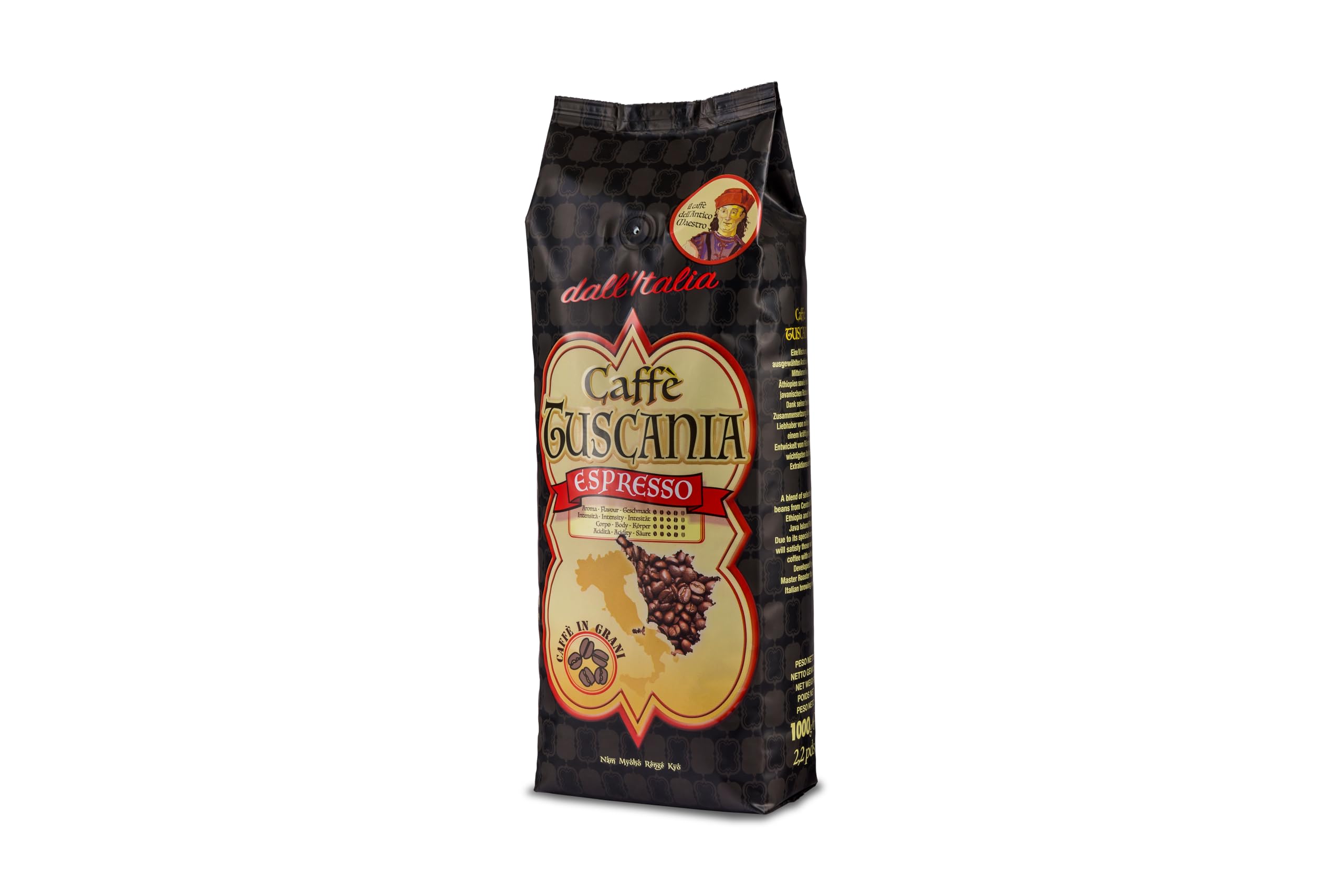 Caffè Tuscania - Caffè in Grani, gusto intenso, media tostatura, da macinare, caffè espresso italiano, miscela da bar - alta qualità - 1 Kg, chicchi