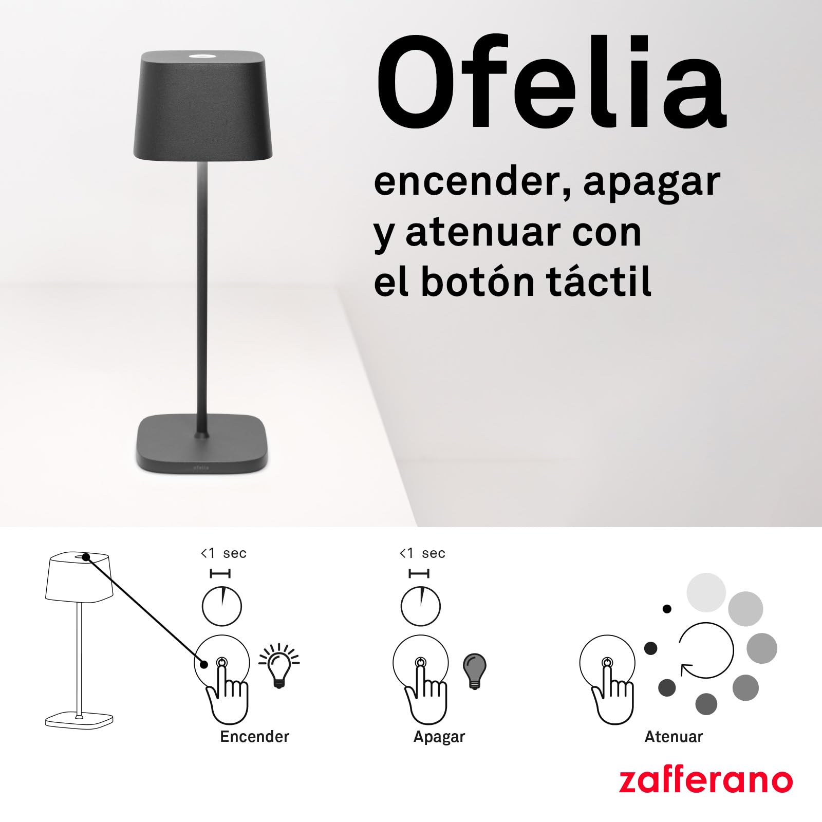 Zafferano, Lámpara Ofelia, Lámpara de Mesa Recargable e Inalámbrica con Control Táctil, También Adecuada como Lámpara de Exterior, Atenuador, 2200-3000 K, Altura 29 cm, Color Arena