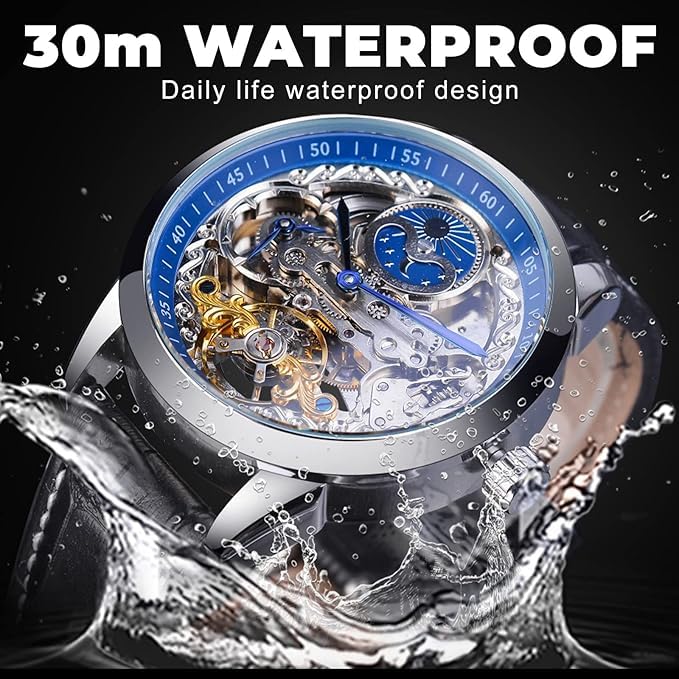 Image of PIENO FORSININGG Men's Skeleton Moon Phase Watch Mechanical Self-Wind Tourbillon Dual Time Zone Watches Automatic Luxury Leather Strap Large Dial