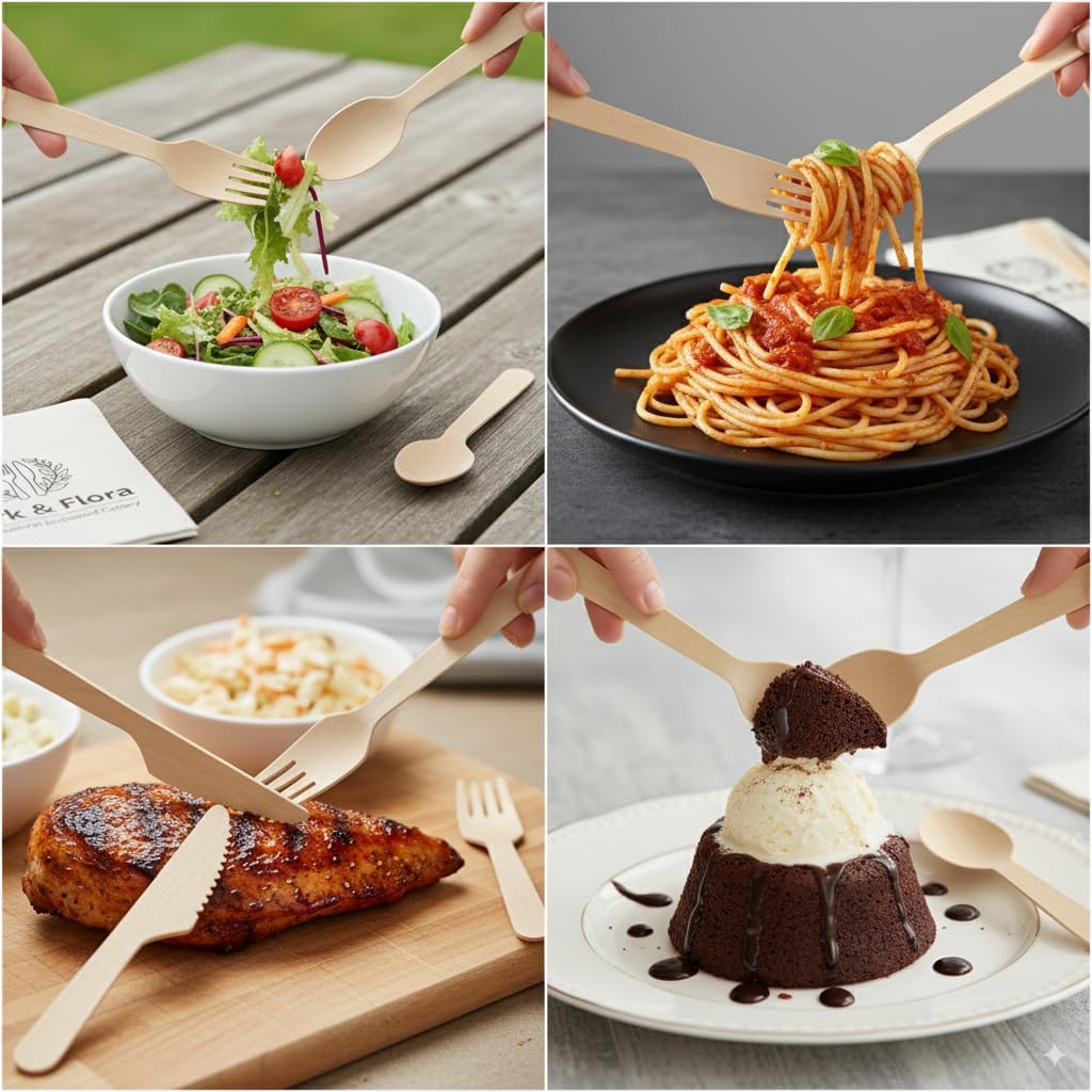 Wooden Compostable Utensils Set - 360 Pieces (120 Forks 120 Spoons 120 Knives) Sturdy Wood Disposable Cutlery - Eco Friendly Biodegradable Utensils for Party - Free From Plastic Cutlery Set for Eating