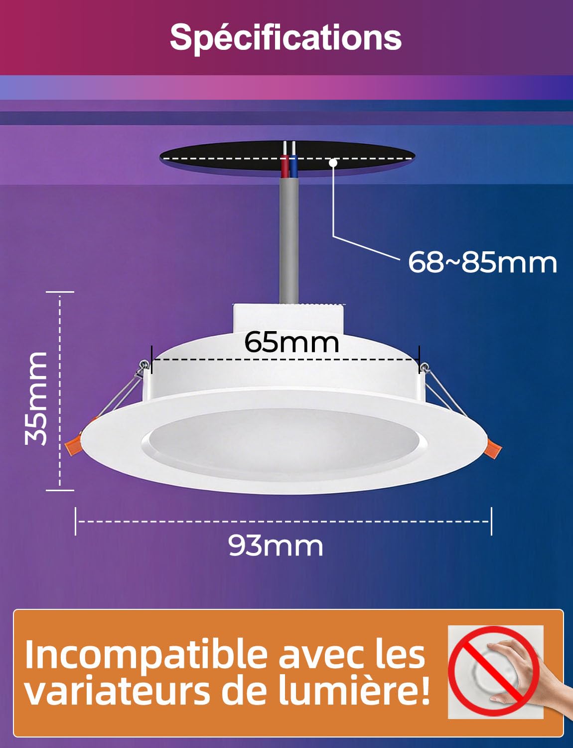 iLC Spots LED Encastrable 8W 60W Découpe Ф68-85mm IP44 Rond CCT RGB APP Lot de 8