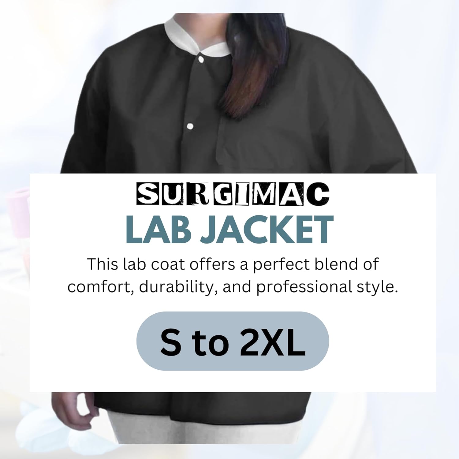 SurgiMac Lab Jacket Black Scrub Jacket Adjustable Waistband Lab Coat Snap Front Closure Lab Scrub SMS Medical Coat
