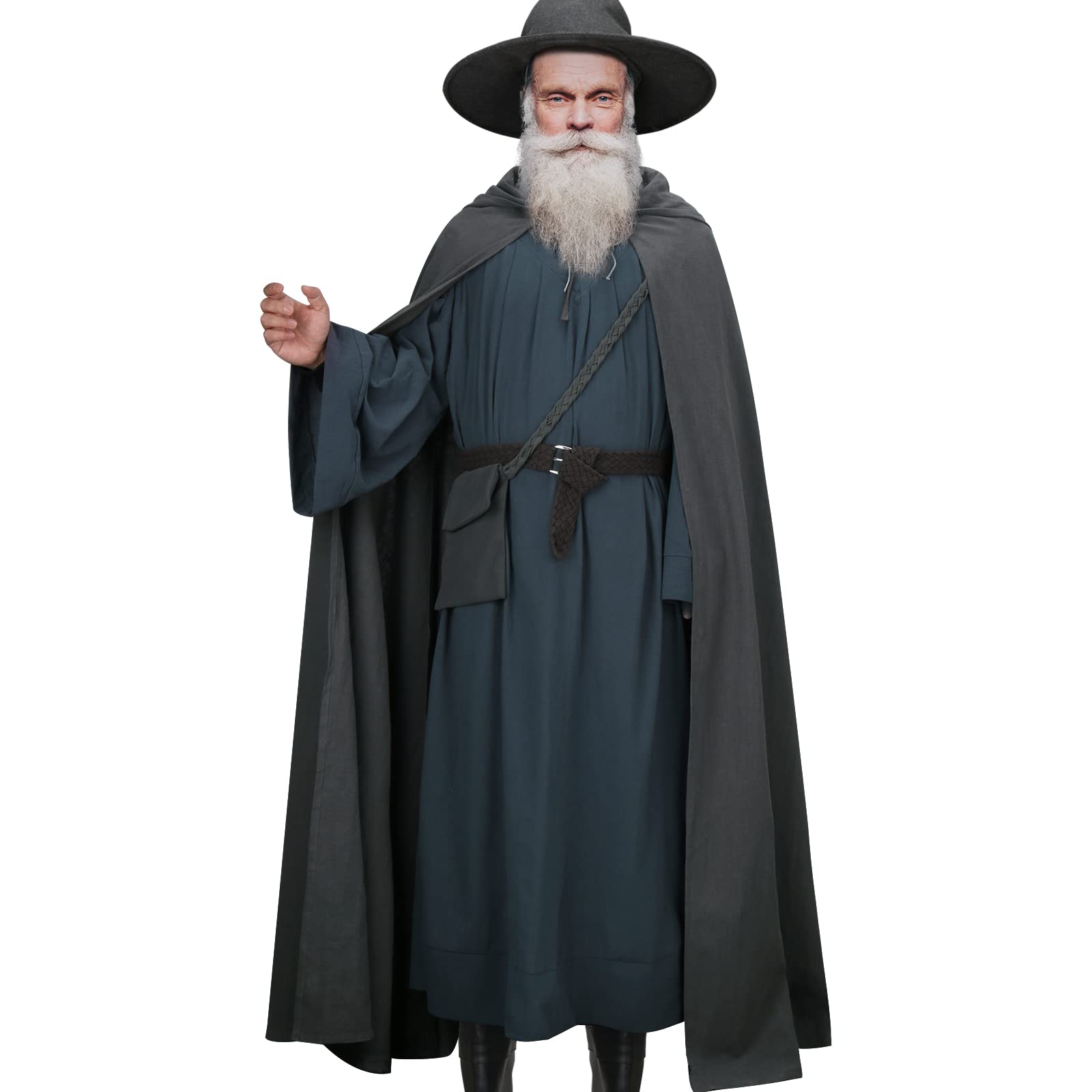 PARTYEVER Gandalf Grey Costume Adult Men Hooded Cloak Wizard Robe Hat Mini Messengerbag The Ring Cosplay Medieval Monk Cape Halloween (Grey, Small)