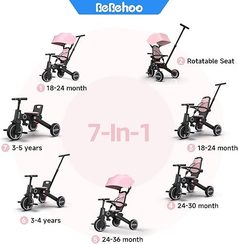 Miniatura 2 de Cochecito de triciclo para niños pequeños, triciclo plegable para bebés, bicicleta de equilibrio para niños con mango de empuje, bicicleta de