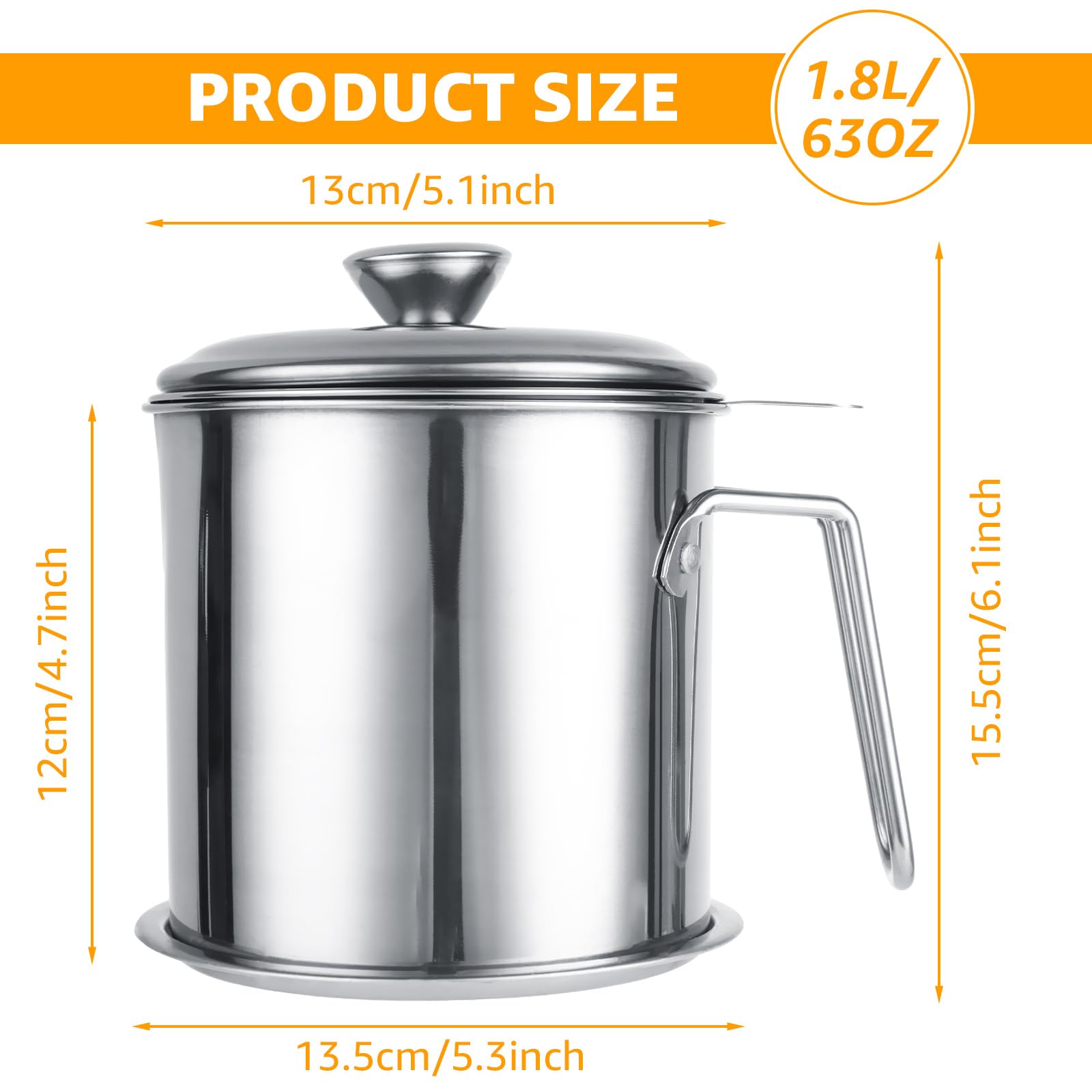ABuff Bacon Grease Container With Strainer 63oz/1.8L Stainless Steel Oil Storage Container with Fine Mesh Dust-Proof Lid & Non-slip Tray, Oil Filter Storage Can for Storing Frying Oil, Cooking Fat