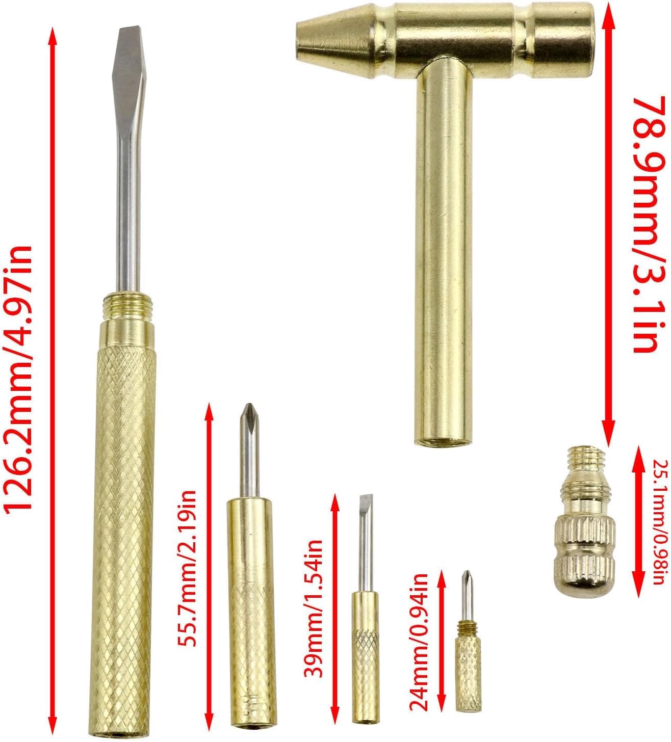 WYBDANS 6 in 1 Mini Multifunction Hammer,included Screwdriver Set Compact Hand Tool with Slotted Flat Head Phillips Screwdriver and Claw, Ideal for Watchmakers, Jewelers, and Eating Walnuts(Gold)