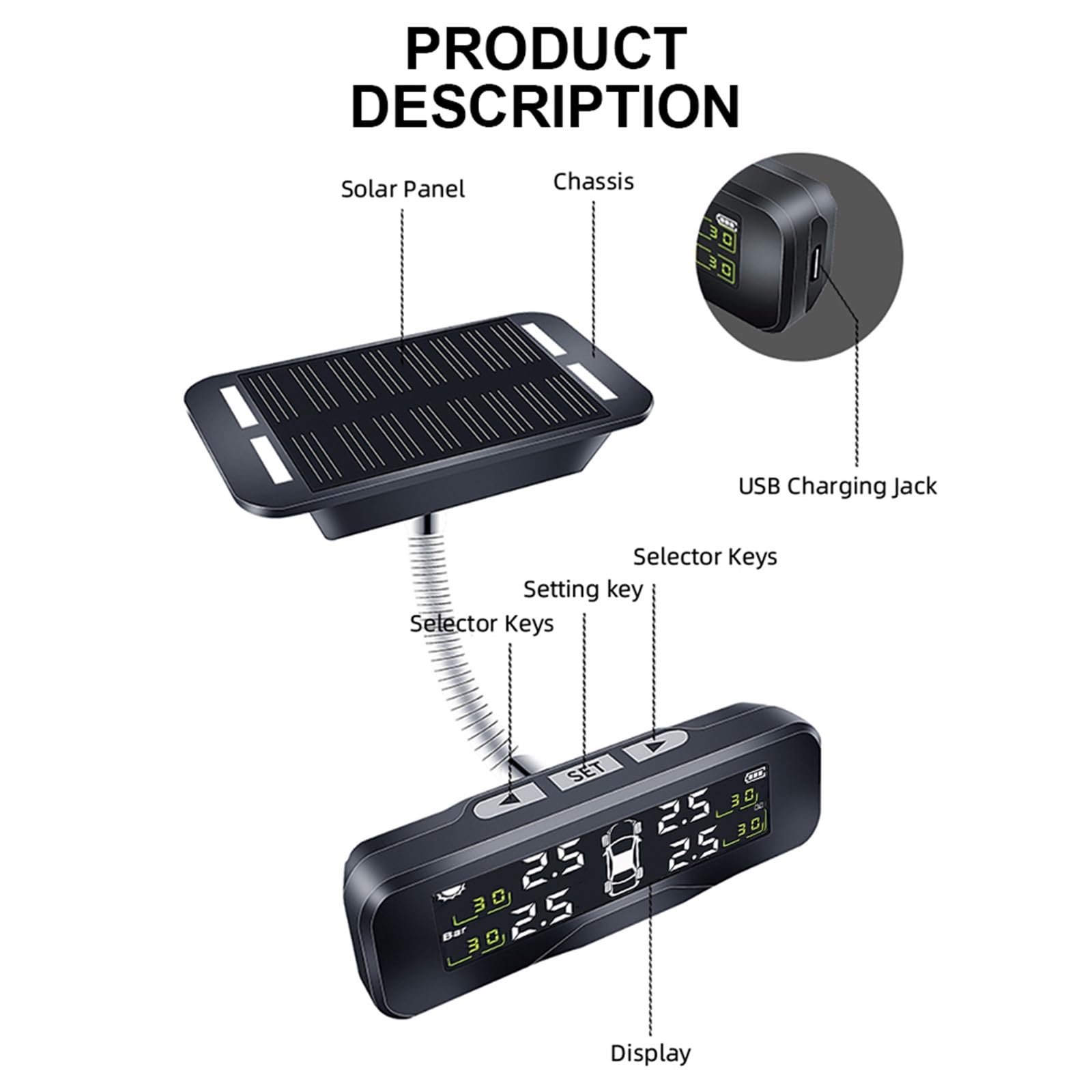 Sensor de Presión de Neumáticos Monitor Presión Neumáticos para Detector Solar Inalámbrico, para Coche, Sensor Integrado Y Externo, Celda Carga(Built in Sensor)