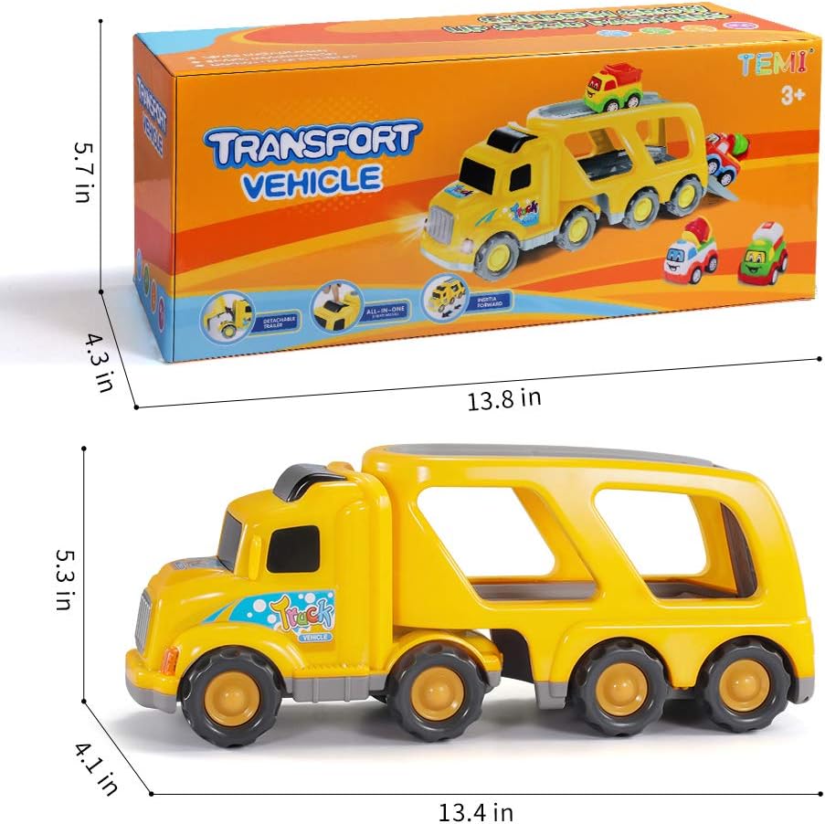 TEMI 5-in-1 Friction Power Toy Vehicle in Carrier Truck, Steering Construction Truck with Lights & Siren Sounds, Small Bulldozer/Cement Mixer/Water Vehicle - Gift for Kids Aged 3+: Toys & Games