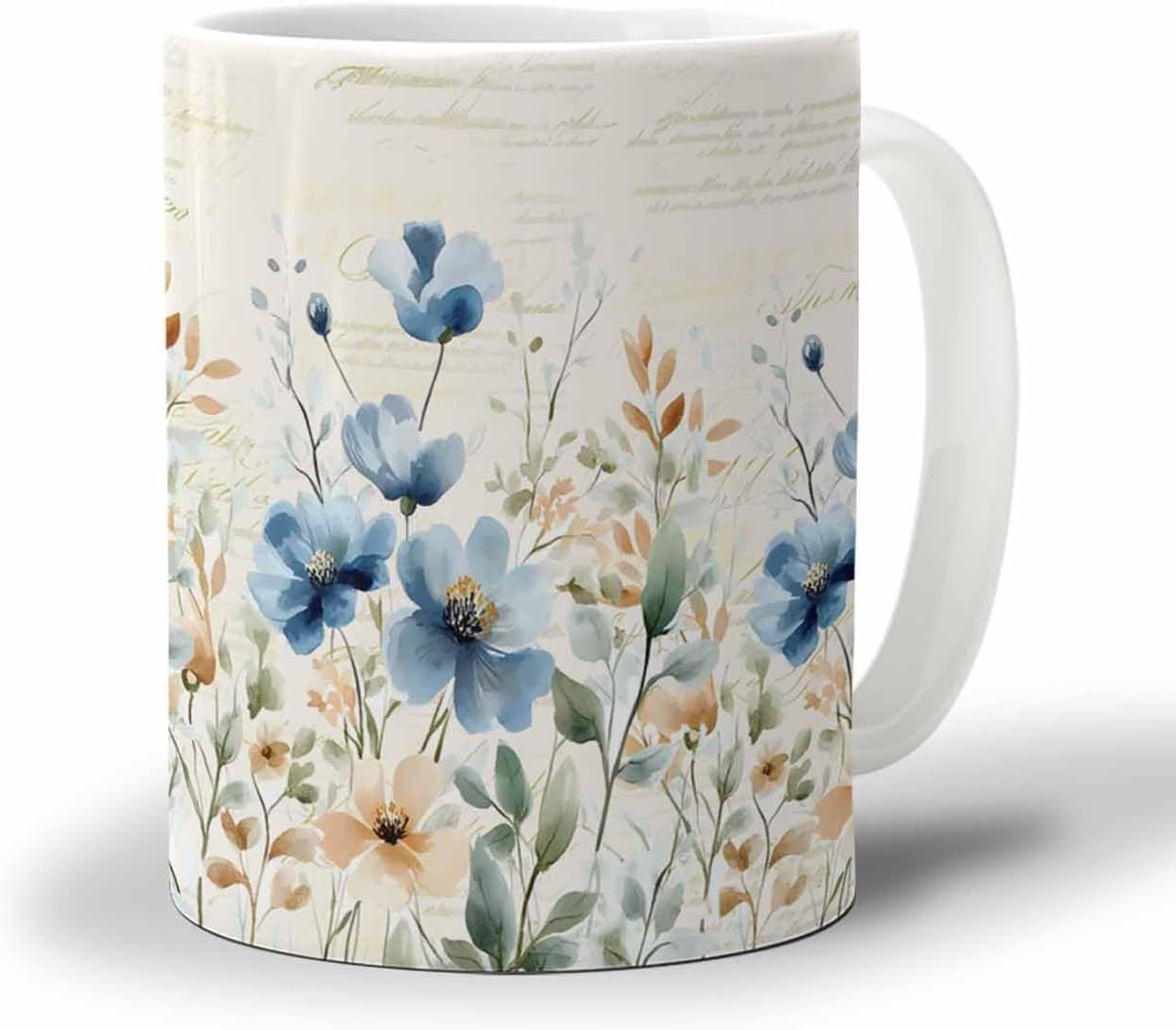 BEMIGO Ceramic Coffee Mug Watercolor Blue Flowers Ceramic Mug White Cup, Vintage Wildflowers Insulated Coffee Cup with Handle with Pattern Perfect for Tea and Hot Beverages, 12oz