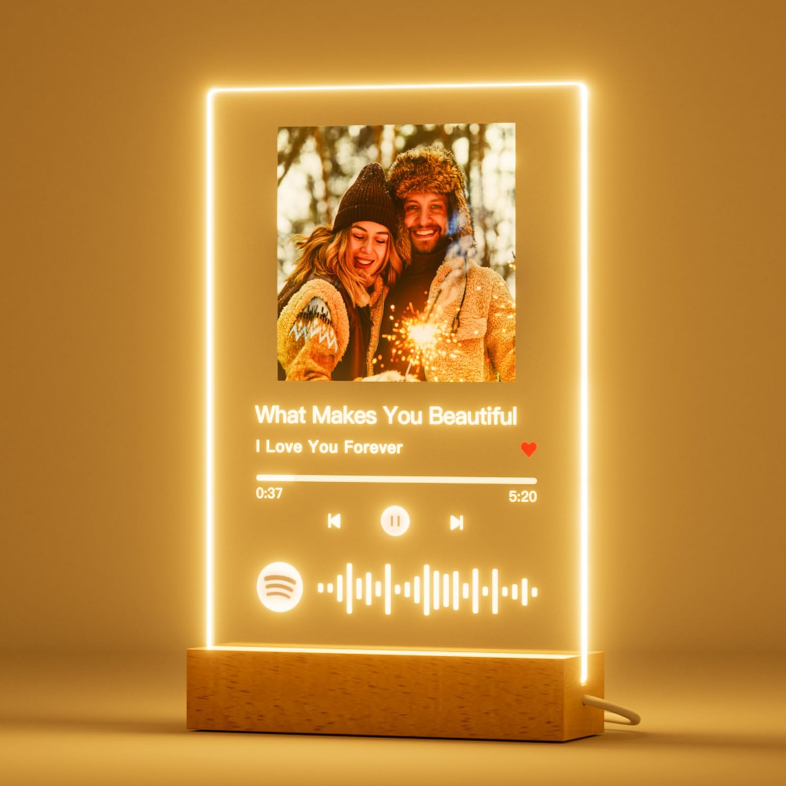witfox Personalized Music Fridge Magnet with LED Glow & Digital Clock - Custom Spotify Photo Plaque for Refrigerator - Unique Song Gifts for Couple, Family for Christmas & Valentine