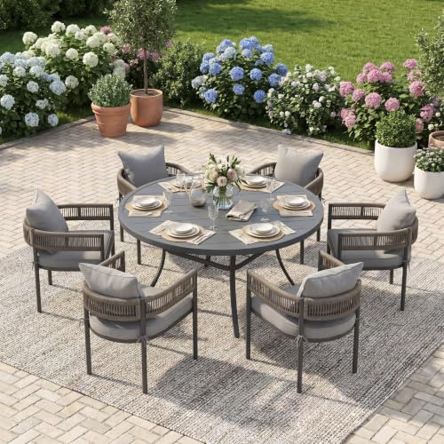 Image of VICLLAX Patio Dining Set for 6-53 inch Round Table & Cushioned Seats, Grey
