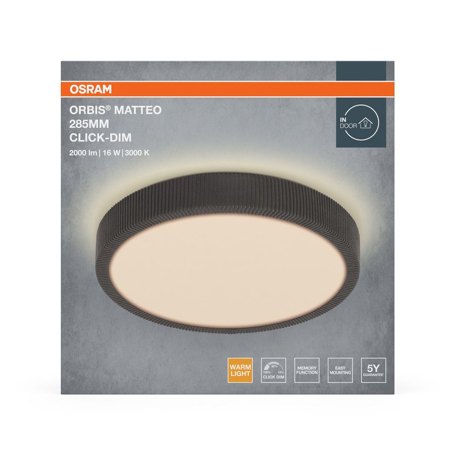 Licht-Erlebnisse LED Deckenleuchte Metall Stoff Grau 3000 K Click-DIM modern wohnlich Schlafzimmer Flur Essbereich Ø28.5 cm flache Deckenlampe Büro