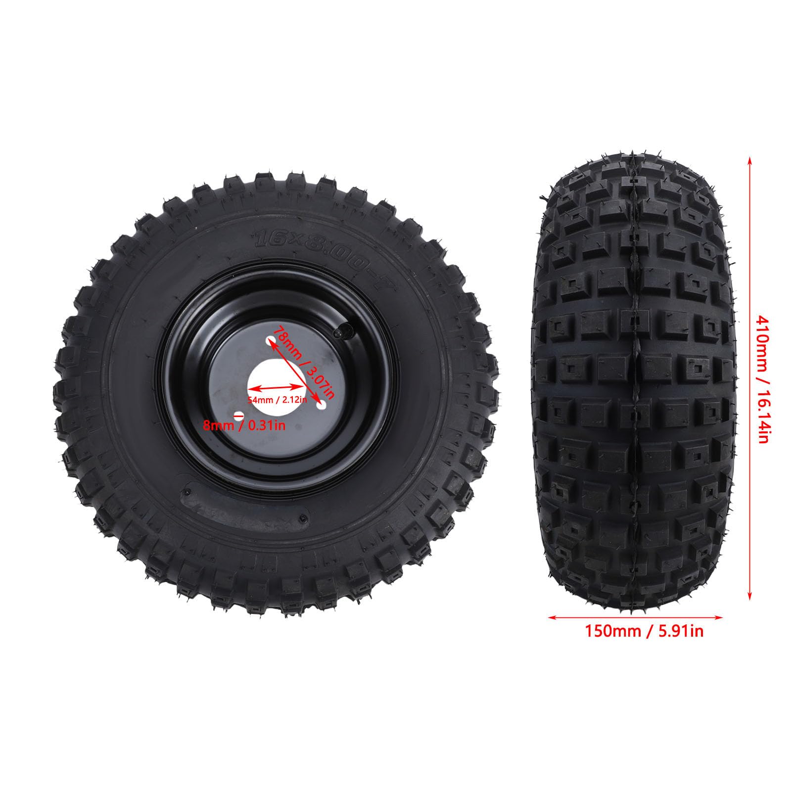 Luocute Neumático de Rueda ATV 16x8-7, Neumáticos Todo Terreno sin Cámara con Ruedas de 3 Lengüetas de 7 Pulgadas para Cortacésped UTV Quad Go Kart Cart, Antideslizante