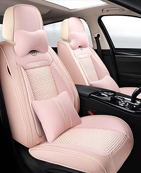 Baby Pink Seat Covers Full Set - Leather and Ice Silk Breathable Front and Rear Seat Covers for Women Men, Luxury Car Cushions