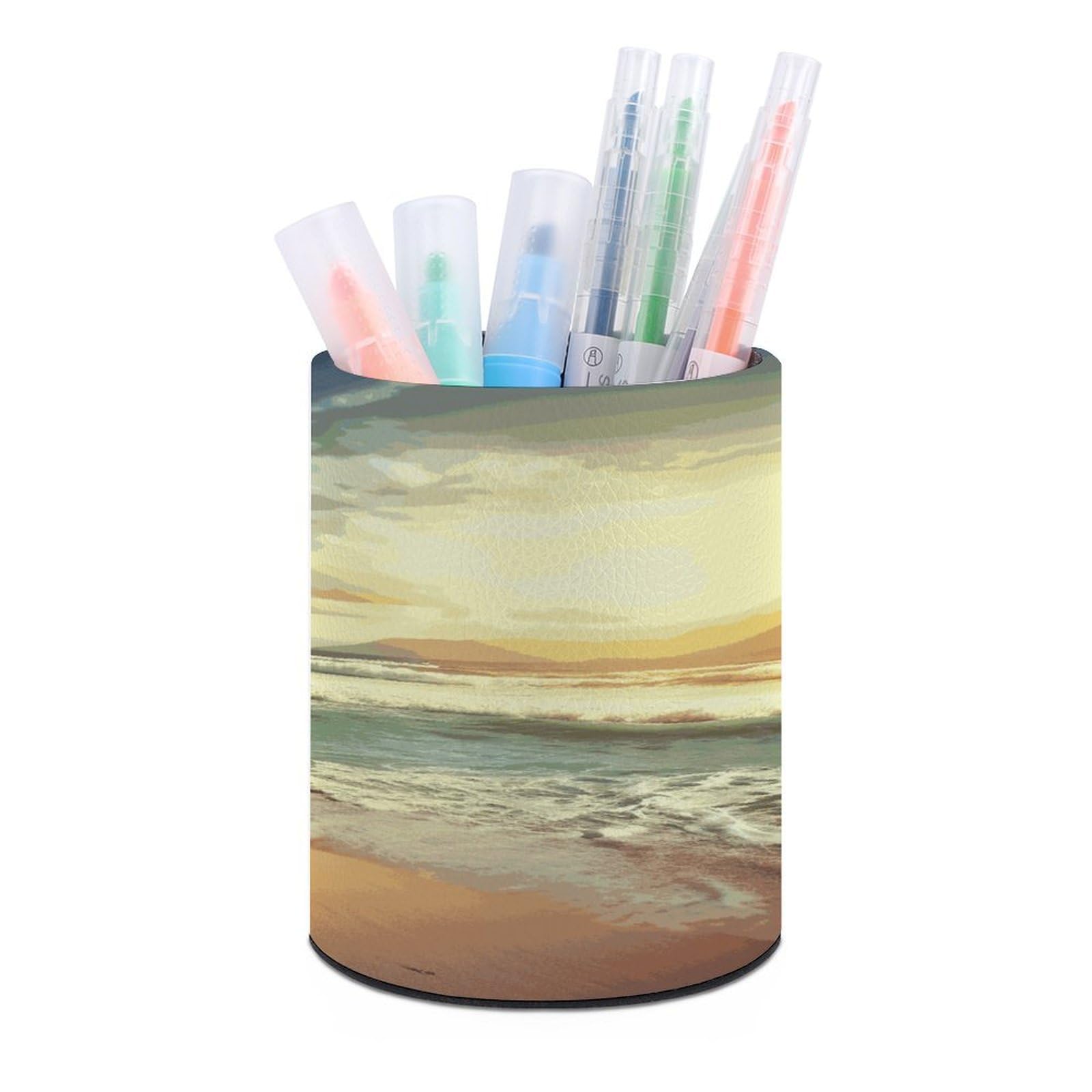 LDGSUPH Sunset on The Beach Round Pen Holder Leather Pen Cup Pencil Cup Pen Organizer Pencil Holder for Desk Organizer Pencil Organizers Makeup Brush Holders for Home Office Gift
