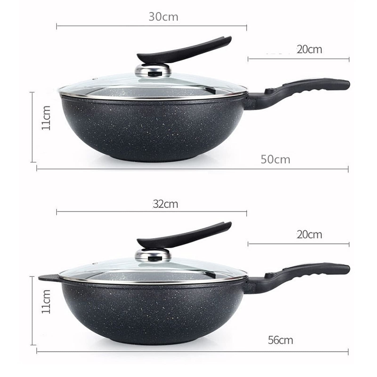 Patelnia woka, nieprzywierająca patelnia indukcyjna z pokrywką, patelnia do mieszania z kutego odlewu aluminiowego, 3-warstwowa powłoka zapobiegająca przywieraniu bez PFOA, granit (czarny 30 cm)